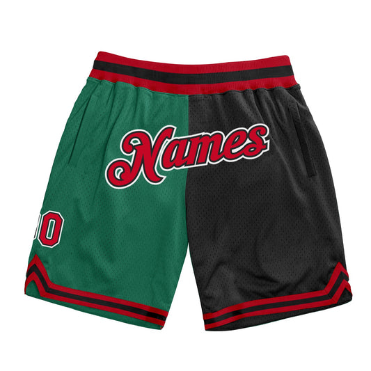 Custom Kelly Green Red-Black Authentic Throwback Split Fashion Basketball Shorts - Main View