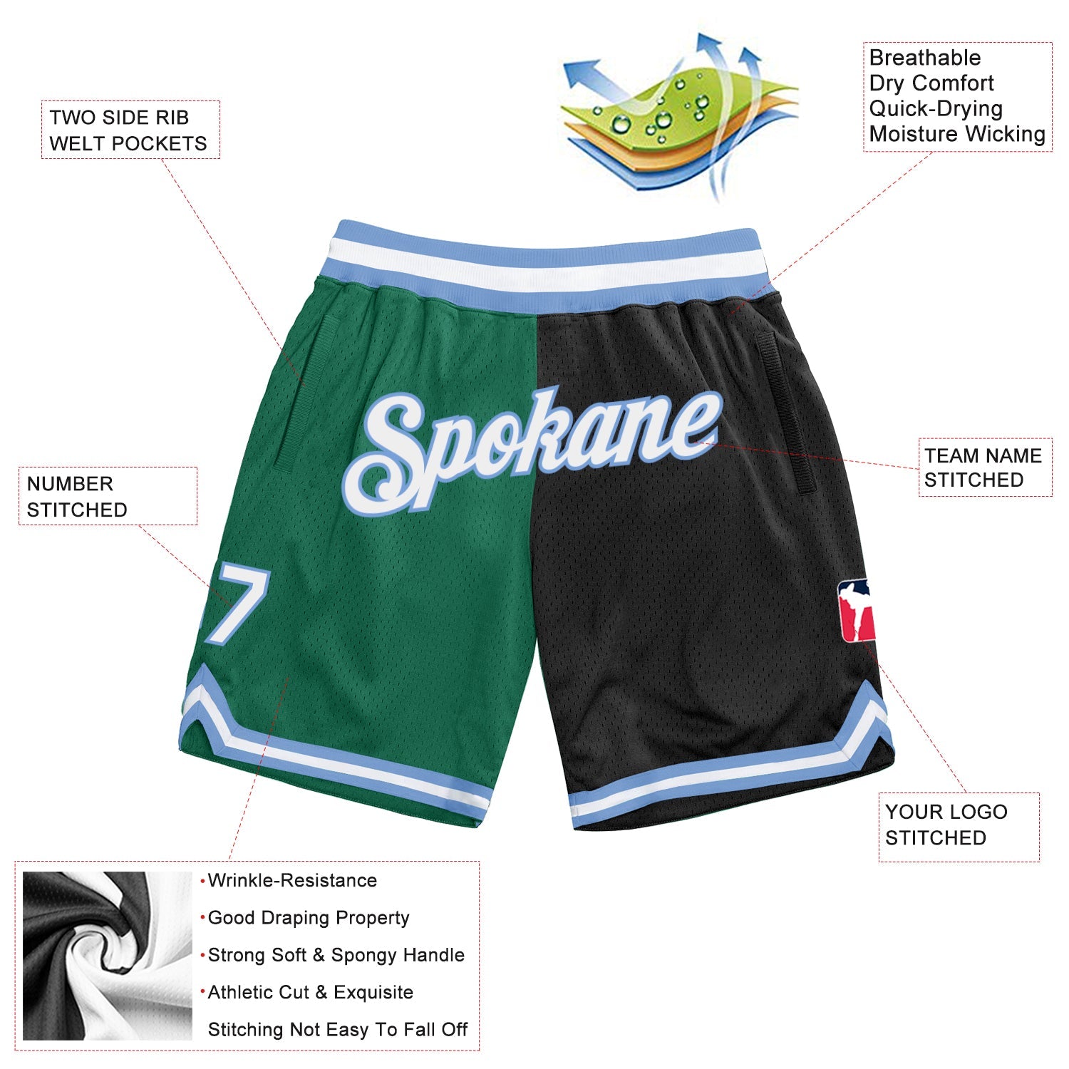 Custom Kelly Green White-Black Authentic Throwback Split Fashion Basketball Shorts view 2