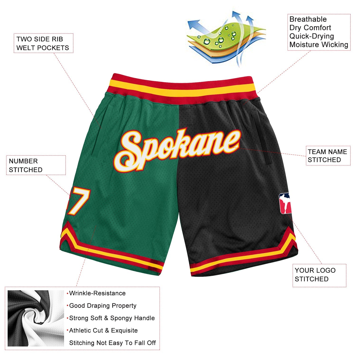 Custom Kelly Green White-Black Authentic Throwback Split Fashion Basketball Shorts view 2