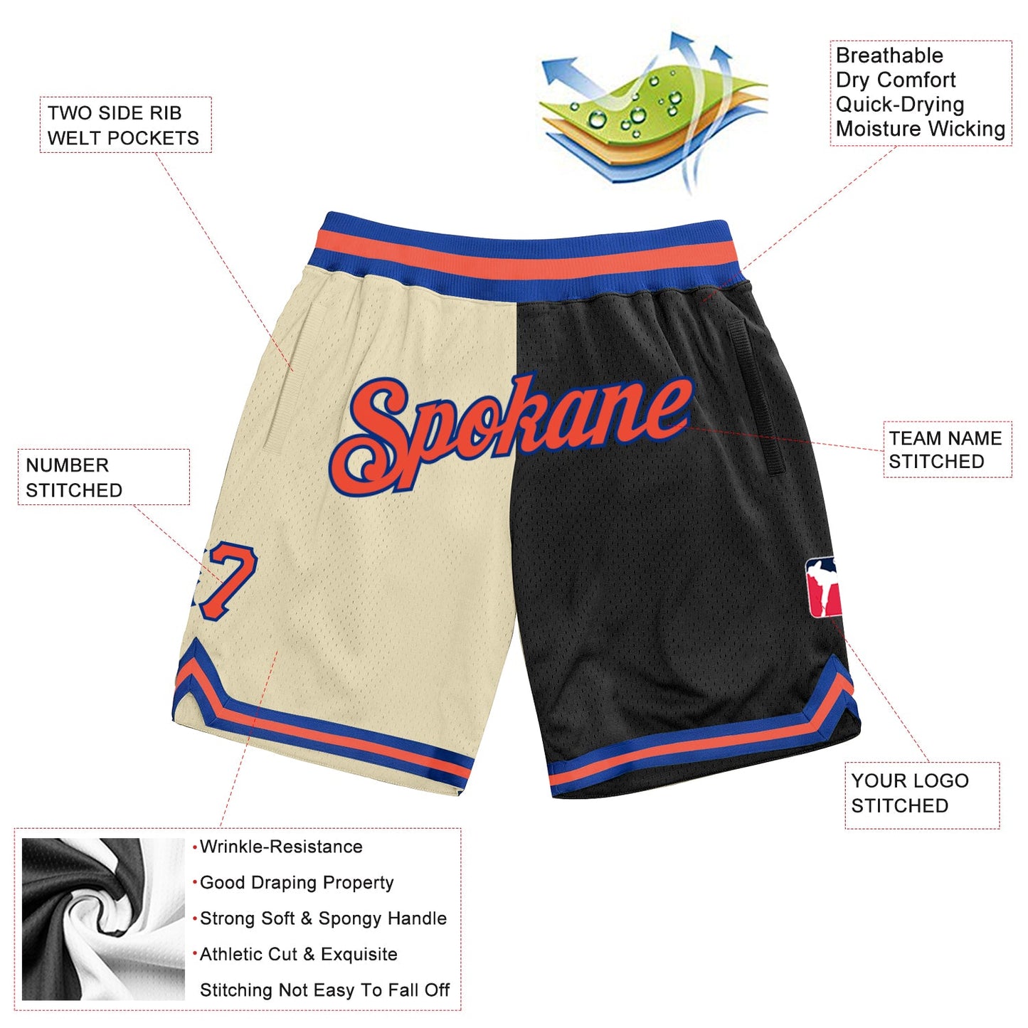 Custom Cream Orange-Black Authentic Throwback Split Fashion Basketball Shorts view 2