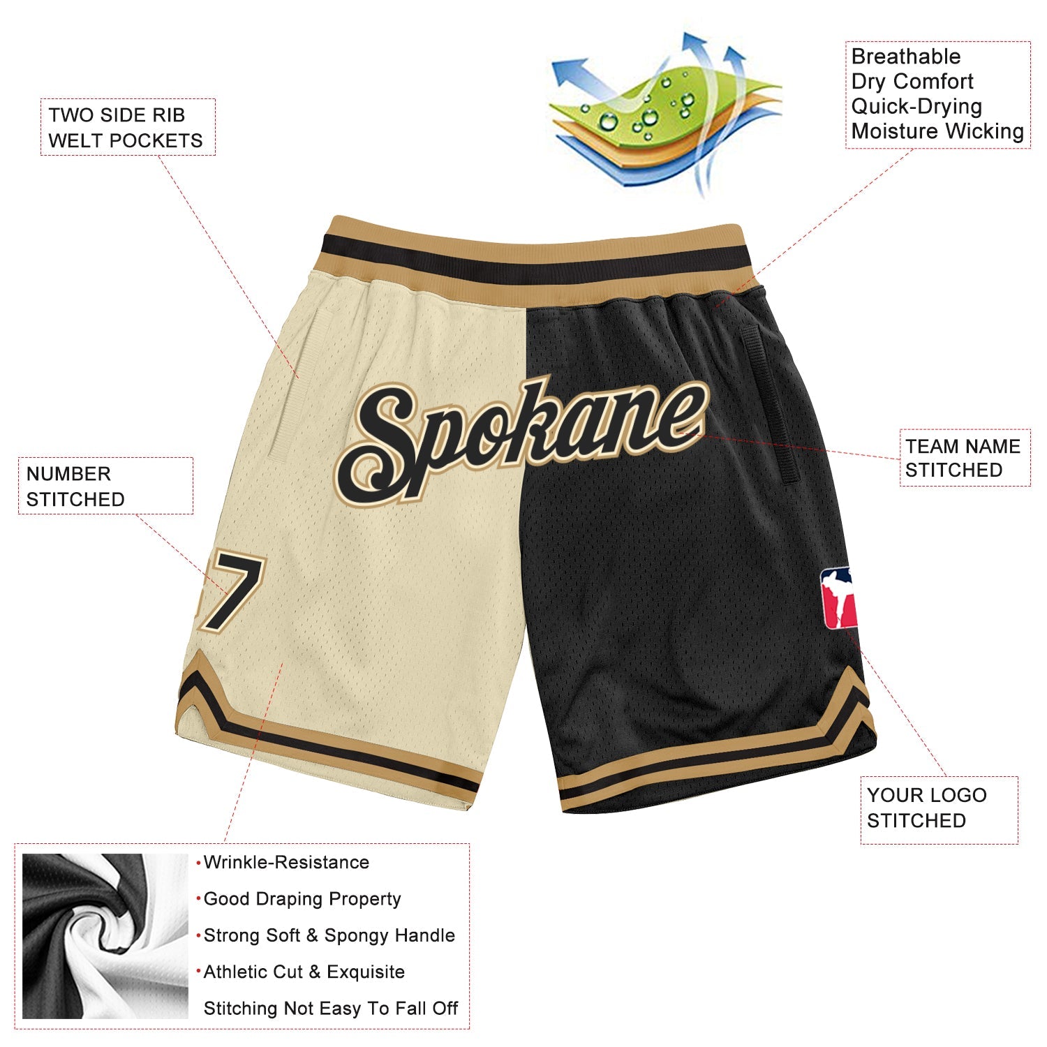 Custom Cream Black-Old Gold Authentic Throwback Split Fashion Basketball Shorts view 2