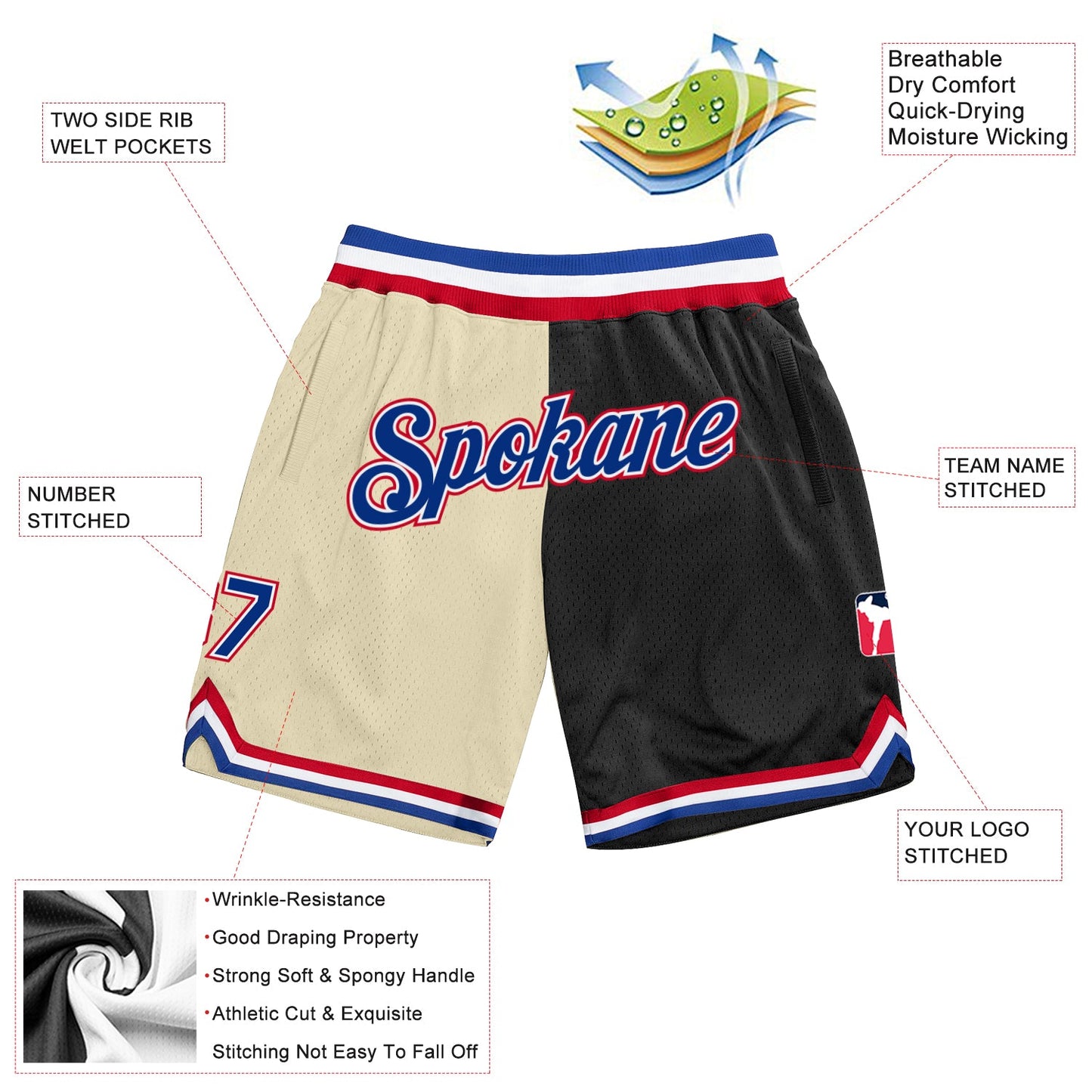 Custom Cream Royal-Black Authentic Throwback Split Fashion Basketball Shorts view 2