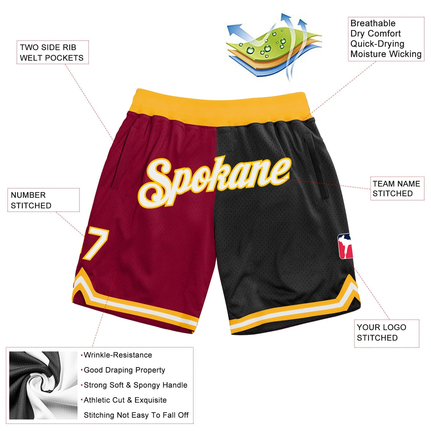 Custom Maroon White-Black Authentic Throwback Split Fashion Basketball Shorts view 2