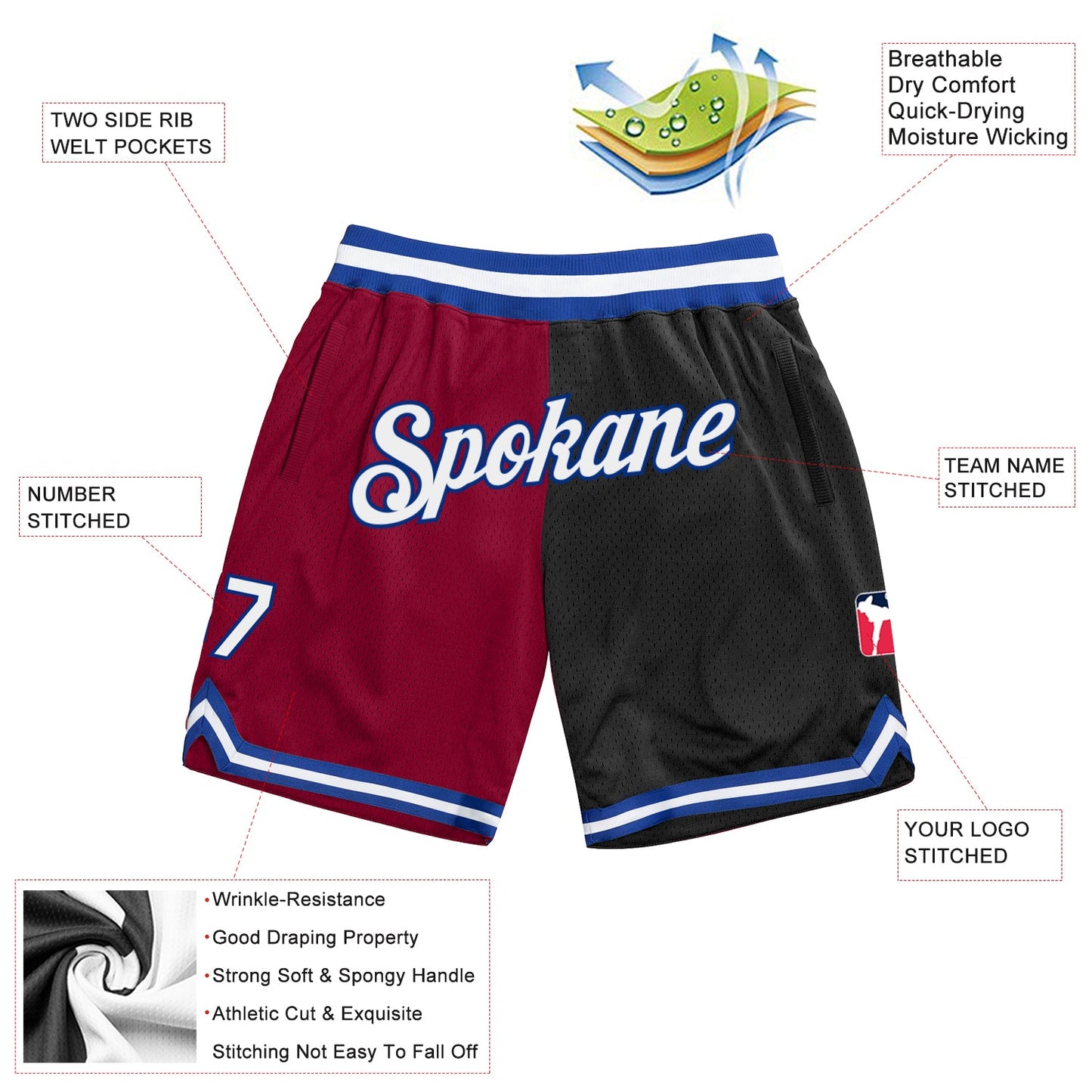 Custom Maroon White-Black Authentic Throwback Split Fashion Basketball Shorts view 2