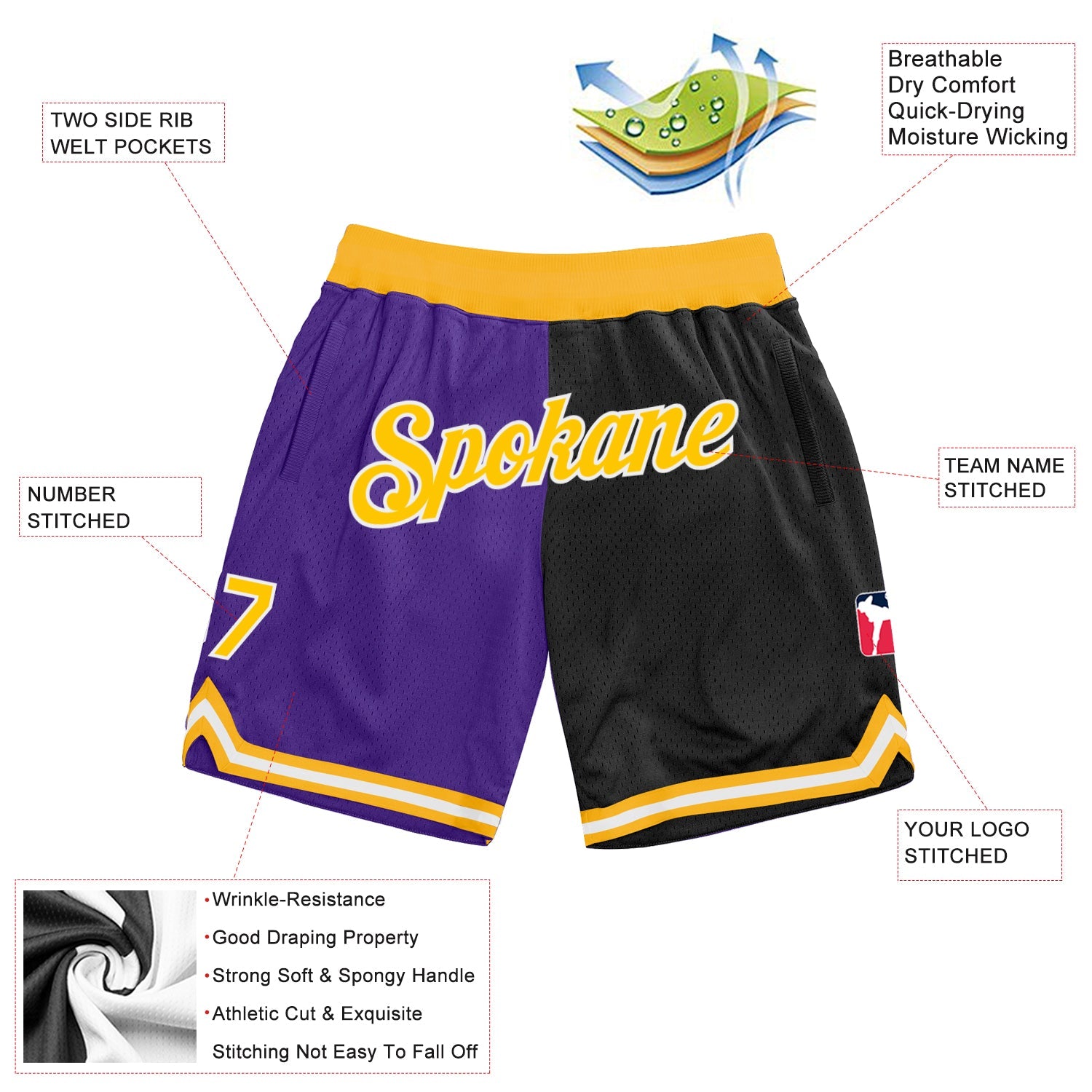 Custom Purple Gold-Black Authentic Throwback Split Fashion Basketball Shorts view 2