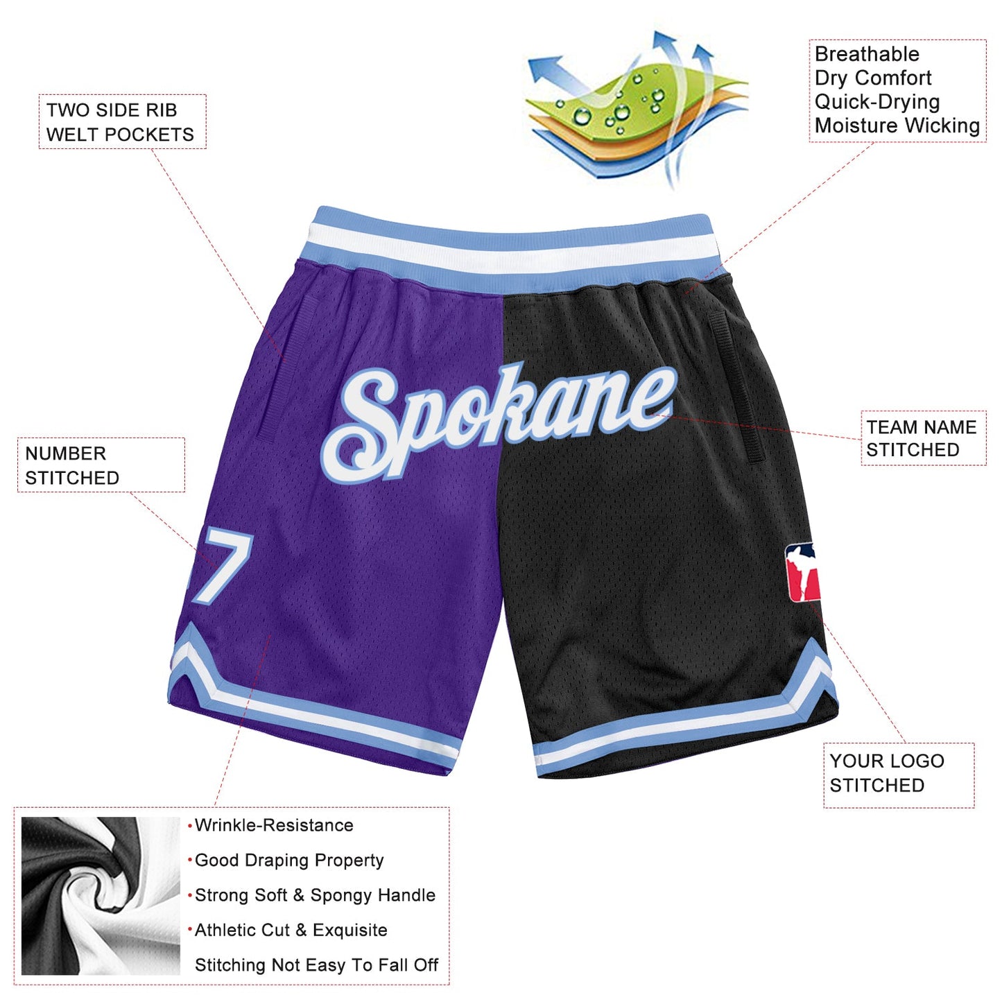 Custom Purple White-Black Authentic Throwback Split Fashion Basketball Shorts view 2