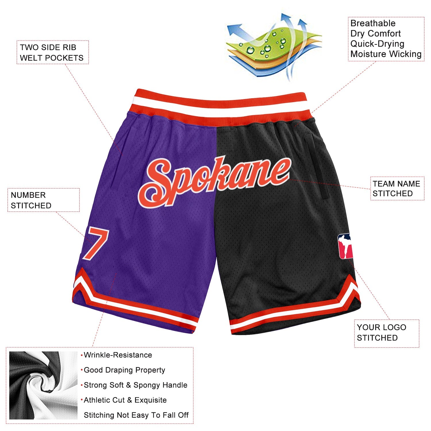Custom Purple Orange-Black Authentic Throwback Split Fashion Basketball Shorts view 2