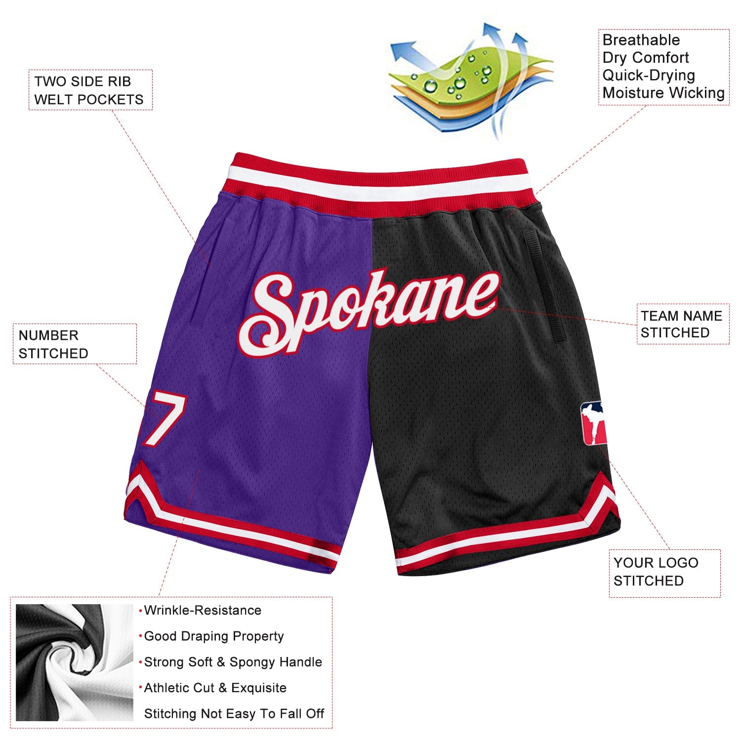Custom Purple White-Black Authentic Throwback Split Fashion Basketball Shorts view 2