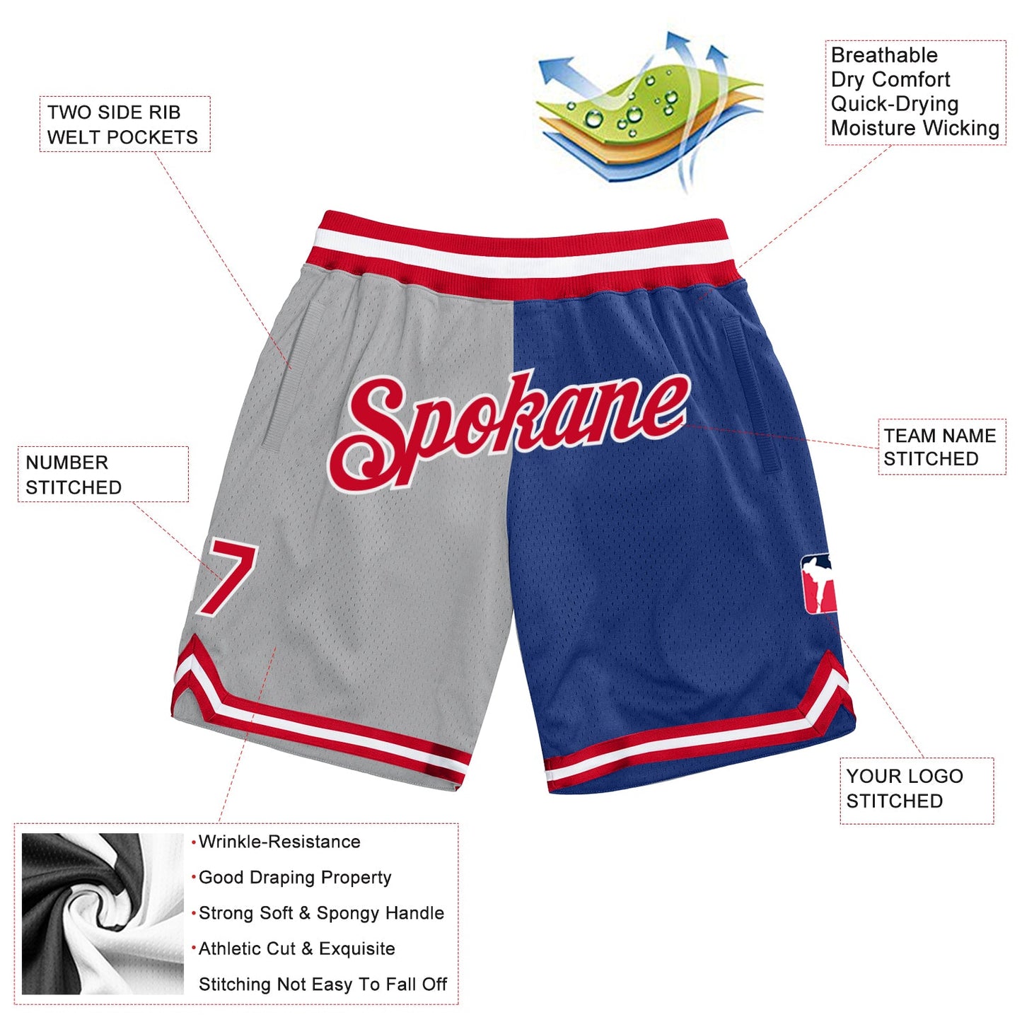 Custom Gray Red-Royal Authentic Throwback Split Fashion Basketball Shorts view 2