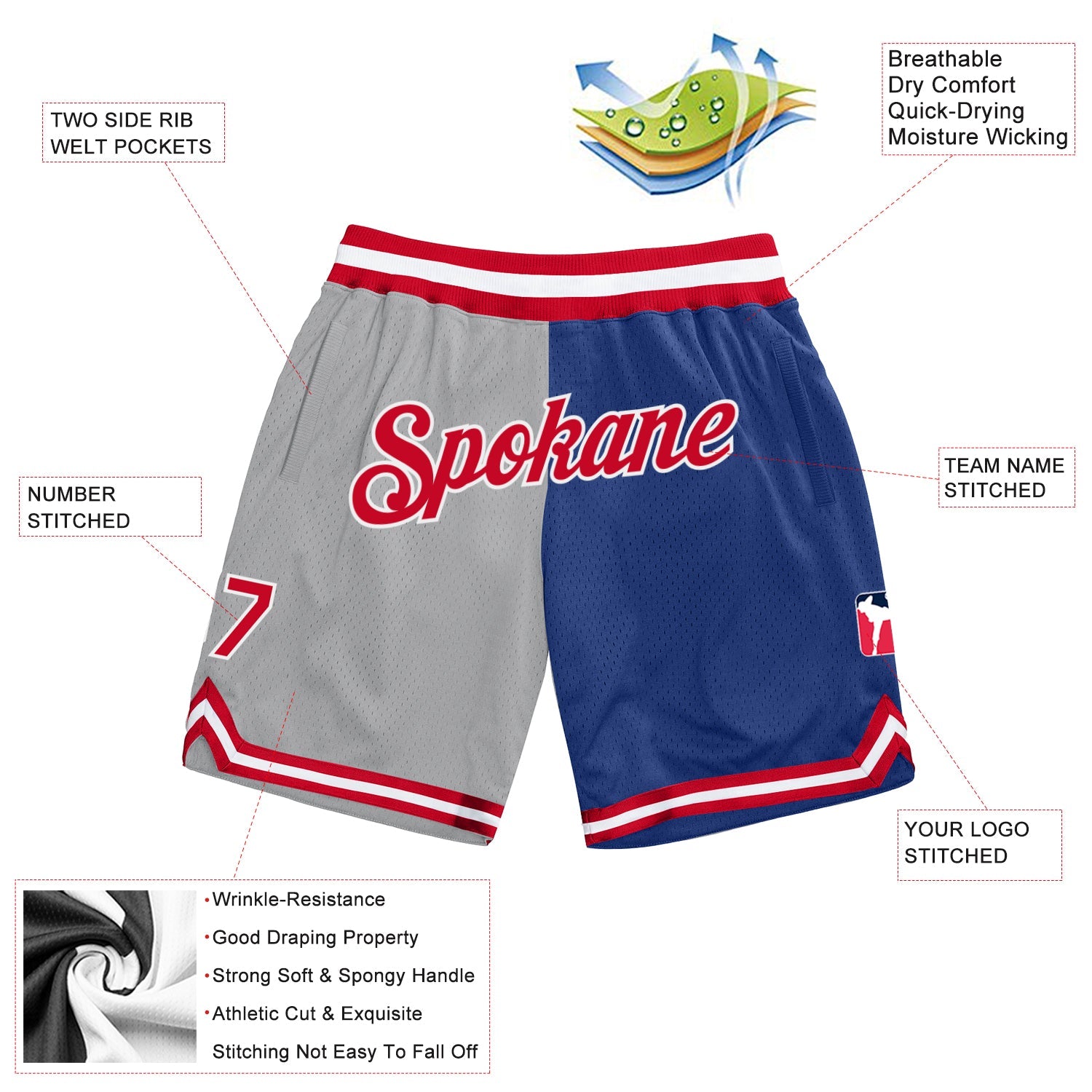 Custom Gray Red-Royal Authentic Throwback Split Fashion Basketball Shorts view 2