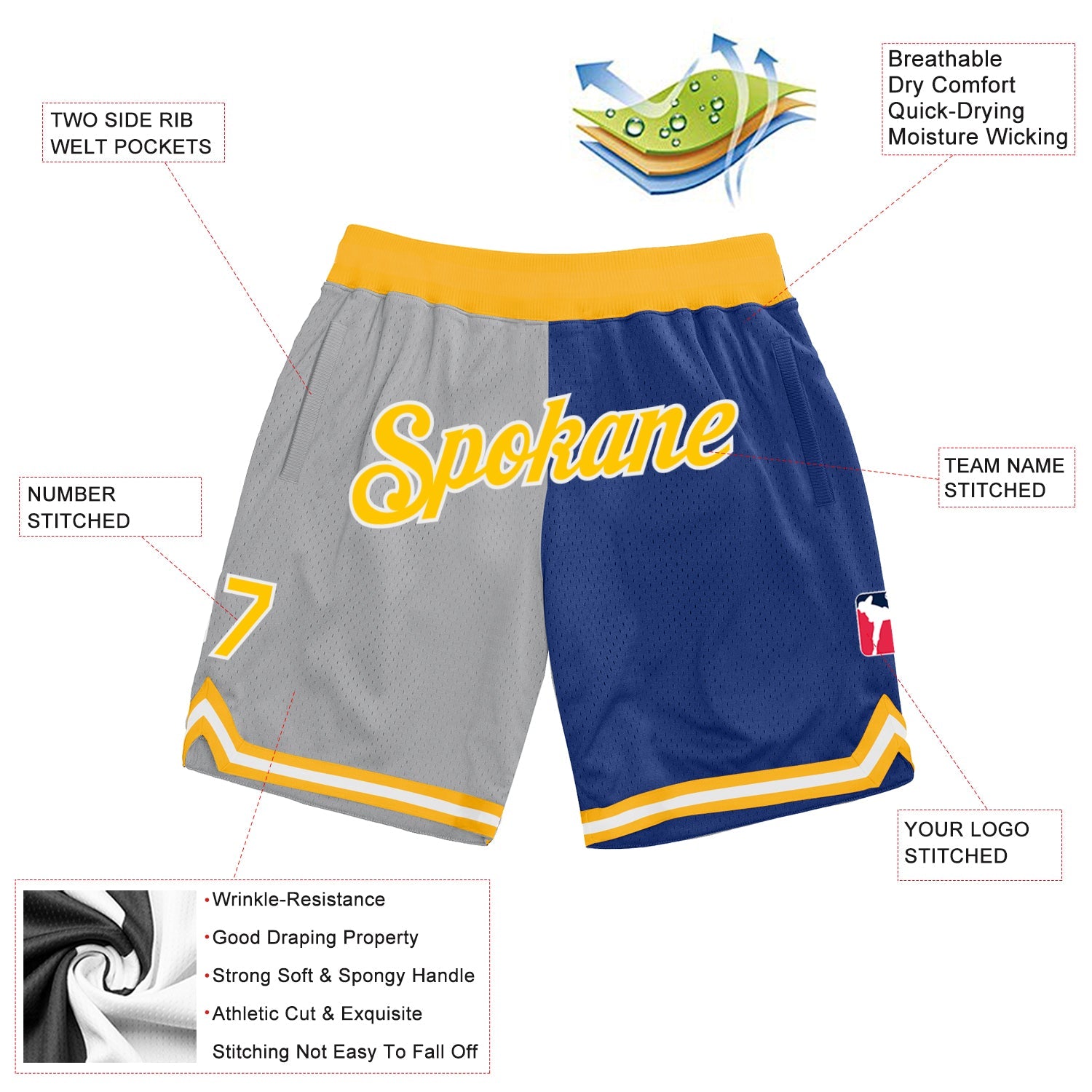 Custom Gray Gold-Royal Authentic Throwback Split Fashion Basketball Shorts view 2