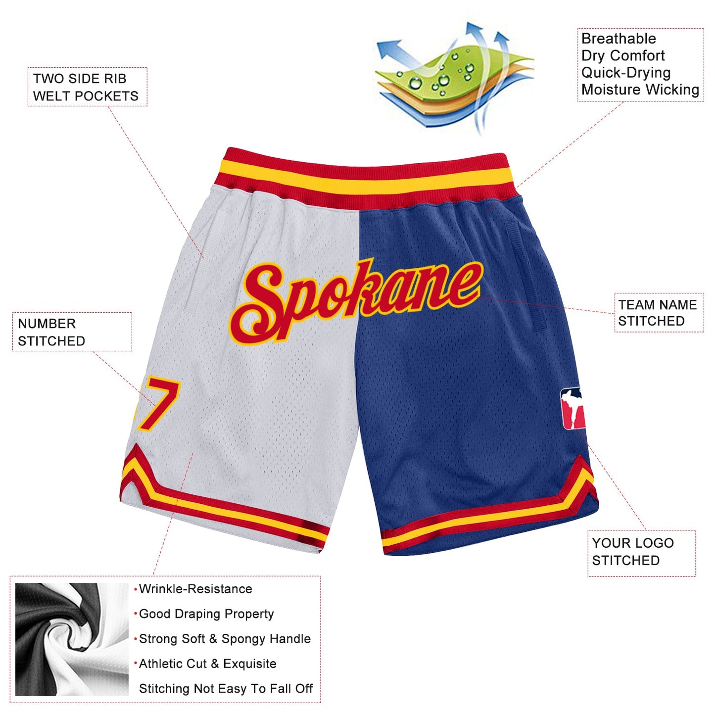 Custom Gray Red-Royal Authentic Throwback Split Fashion Basketball Shorts view 2