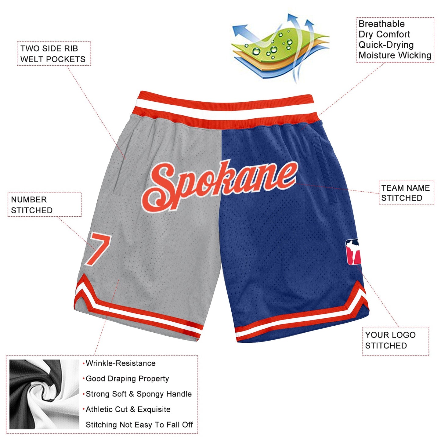 Custom Gray Orange-Royal Authentic Throwback Split Fashion Basketball Shorts view 2