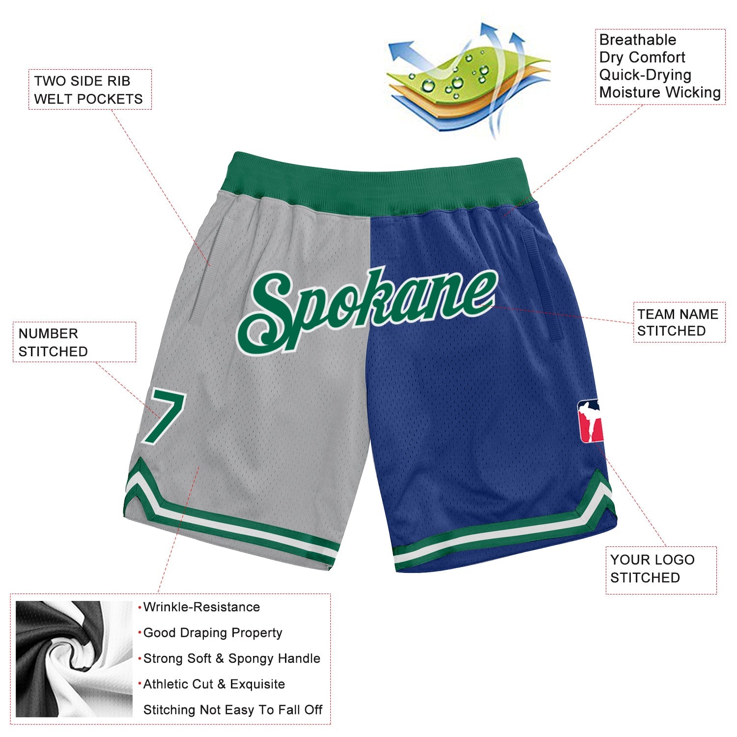 Custom Gray Kelly Green-Royal Authentic Throwback Split Fashion Basketball Shorts view 2