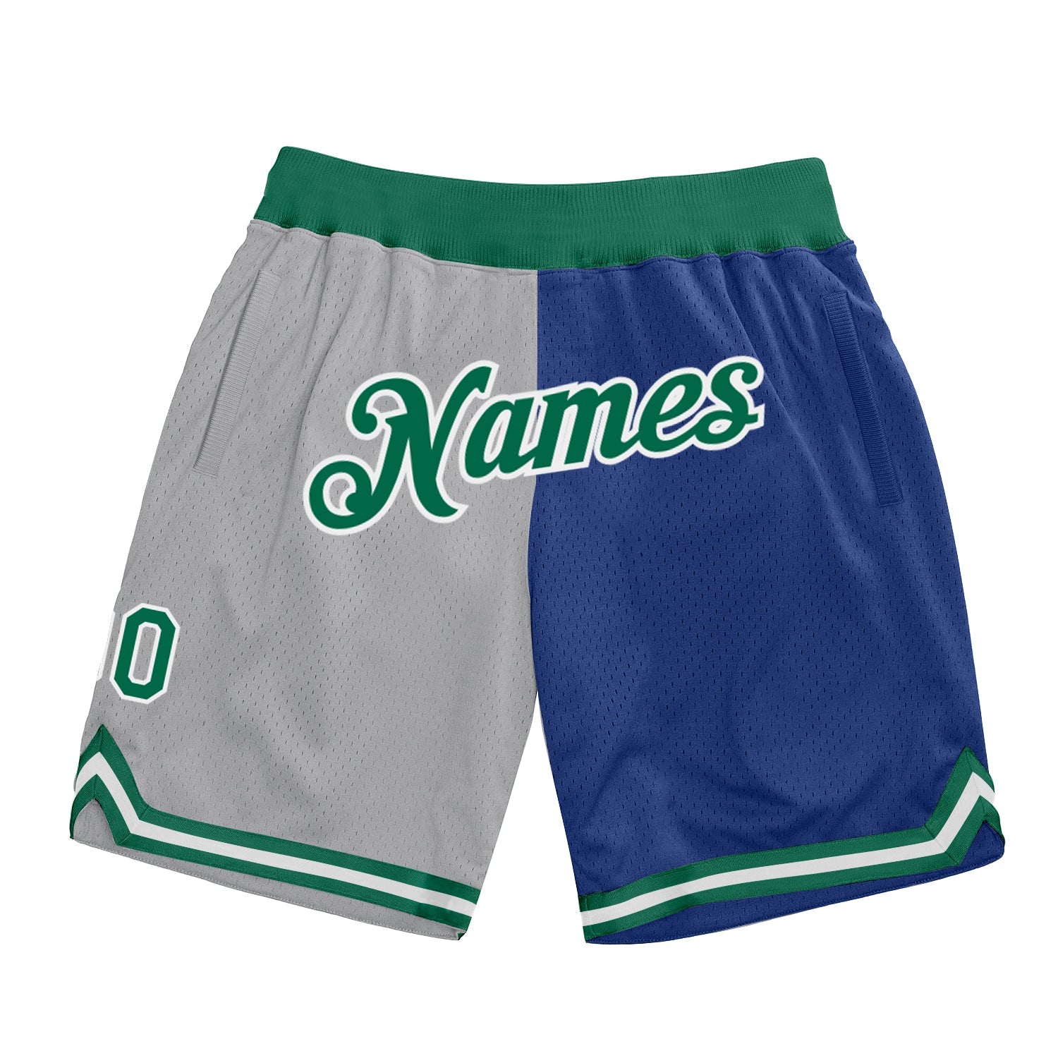 Custom Gray Kelly Green-Royal Authentic Throwback Split Fashion Basketball Shorts - Main View
