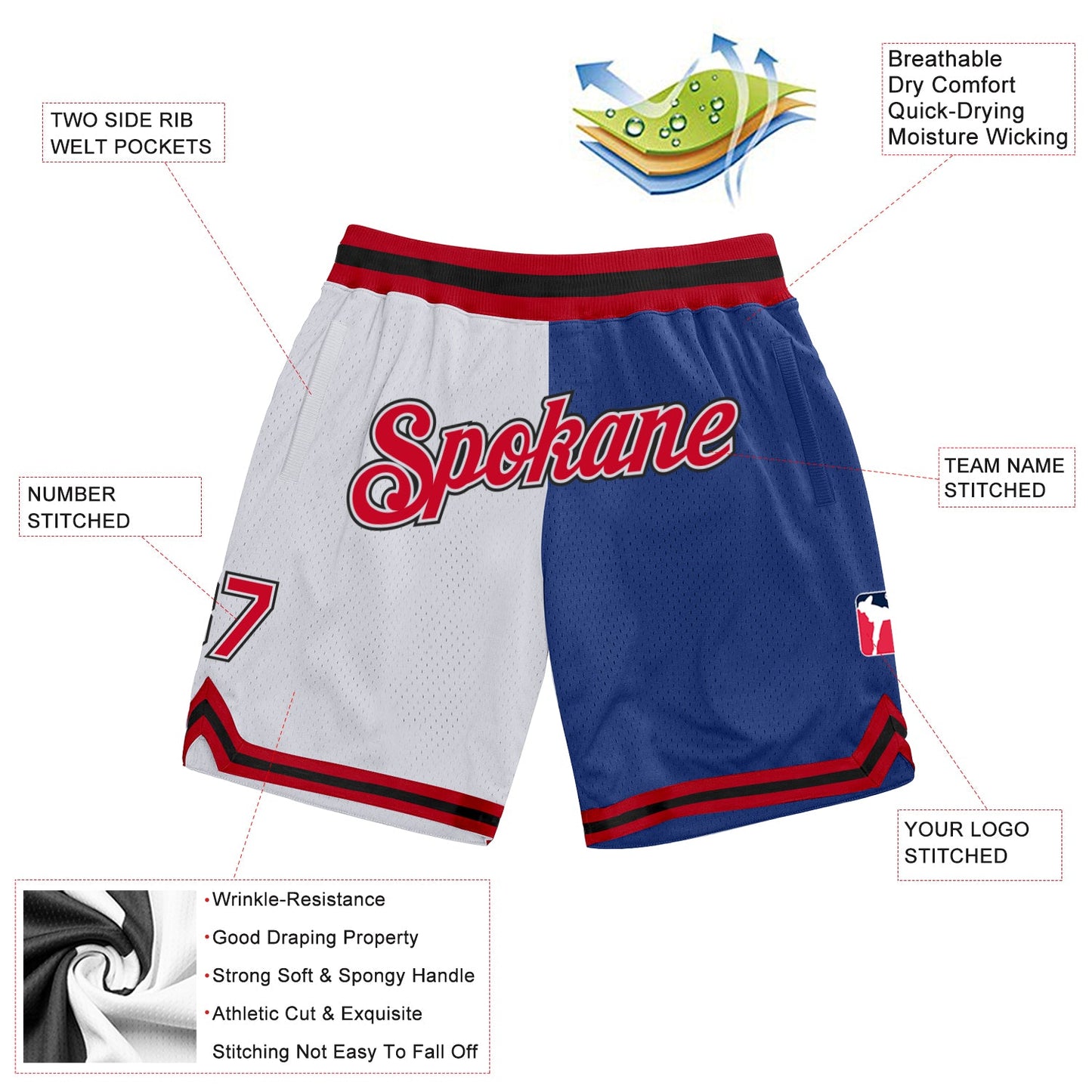 Custom White Red-Royal Authentic Throwback Split Fashion Basketball Shorts view 2