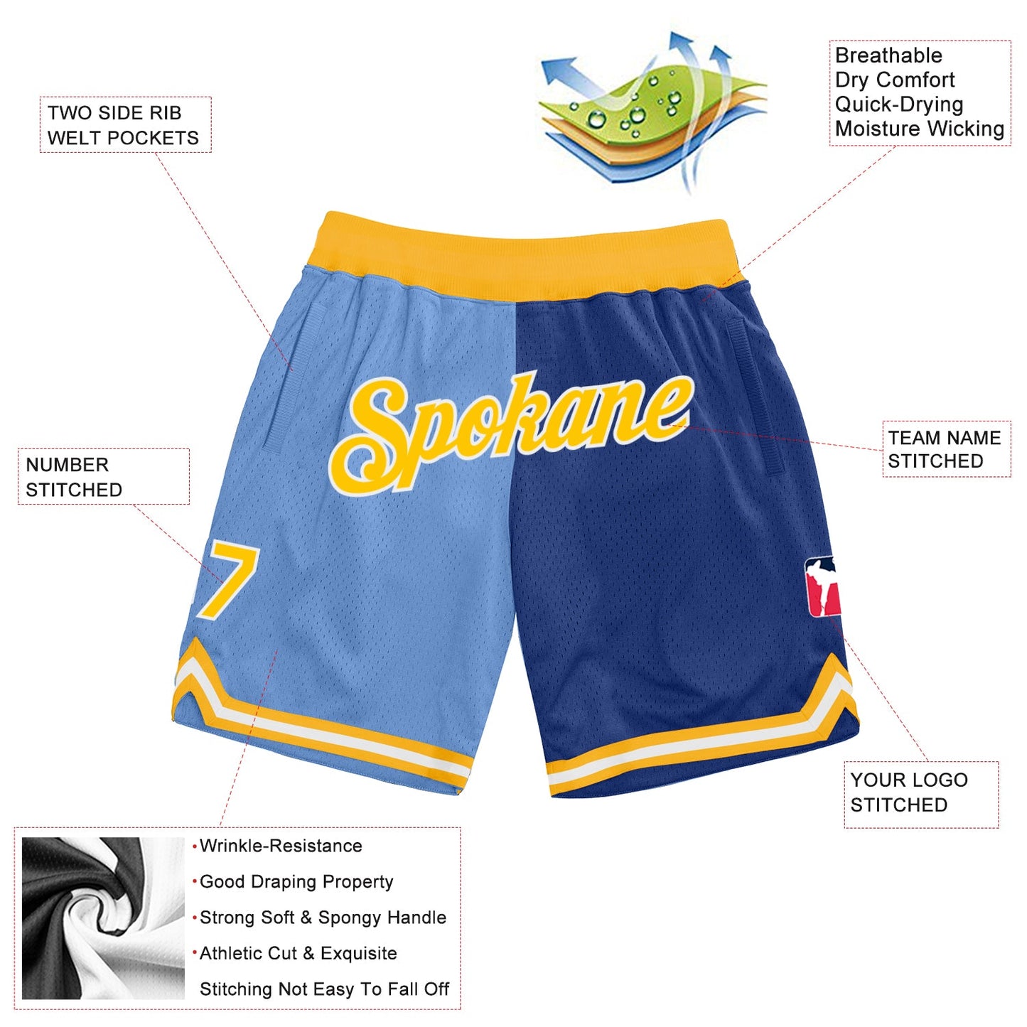 Custom Light Blue Gold-Royal Authentic Throwback Split Fashion Basketball Shorts view 2