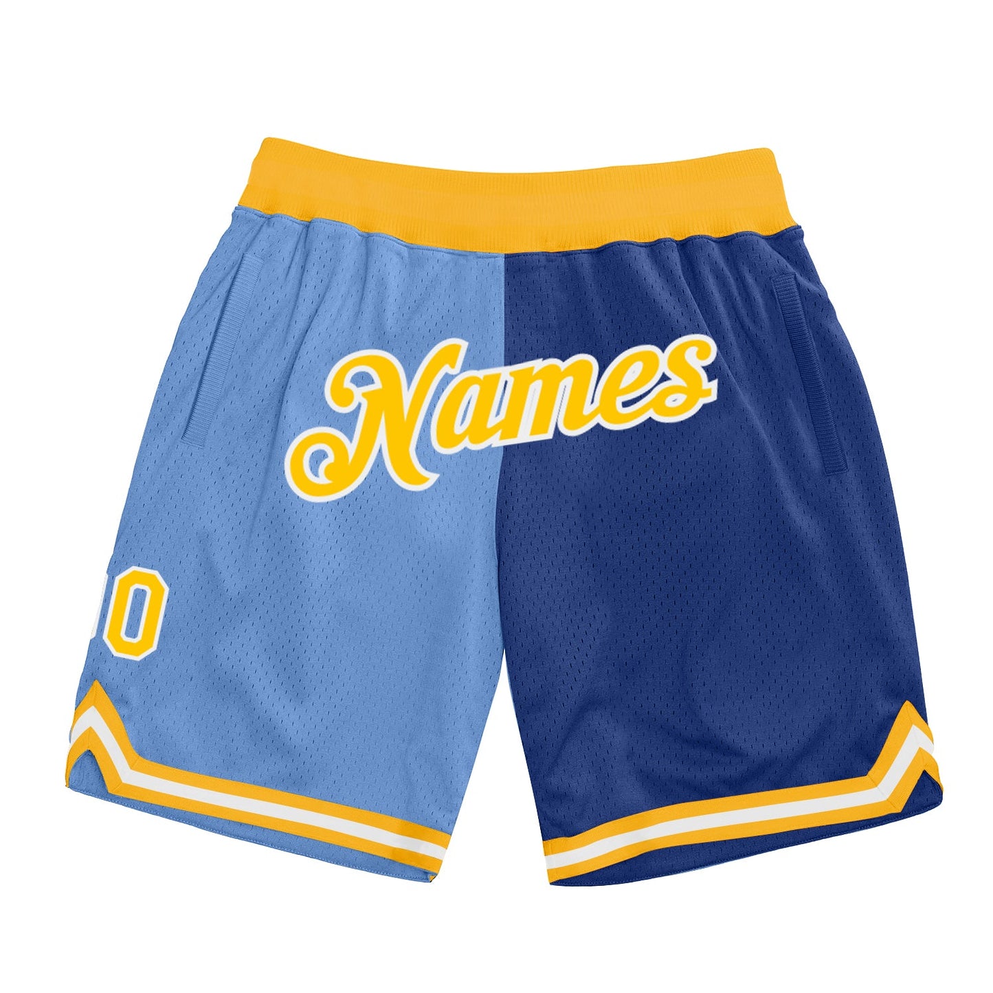 Custom Light Blue Gold-Royal Authentic Throwback Split Fashion Basketball Shorts - Main View