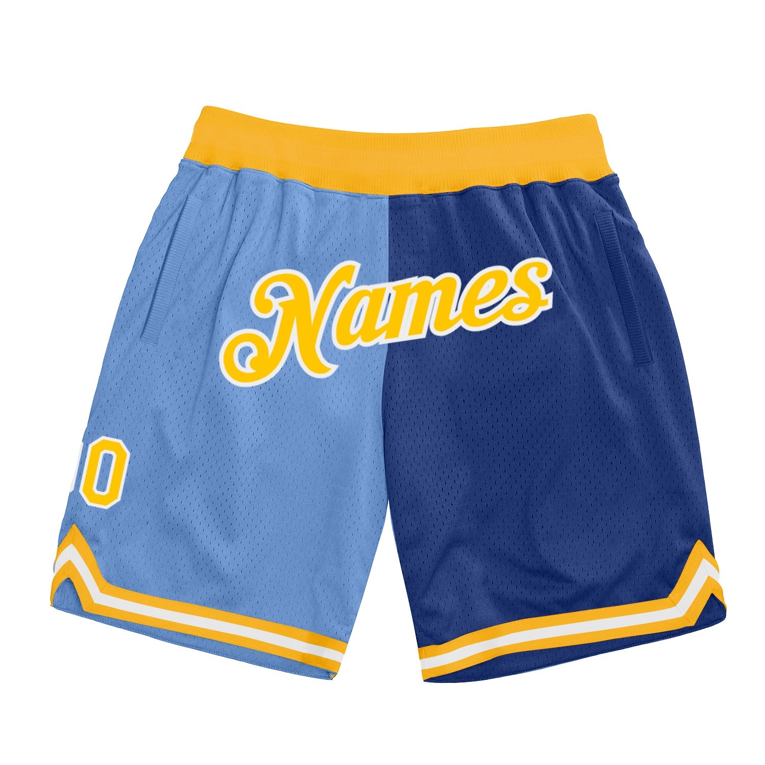 Custom Light Blue Gold-Royal Authentic Throwback Split Fashion Basketball Shorts - Main View