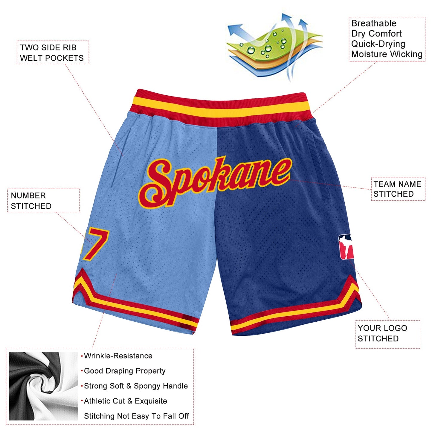 Custom Light Blue Red-Royal Authentic Throwback Split Fashion Basketball Shorts view 2