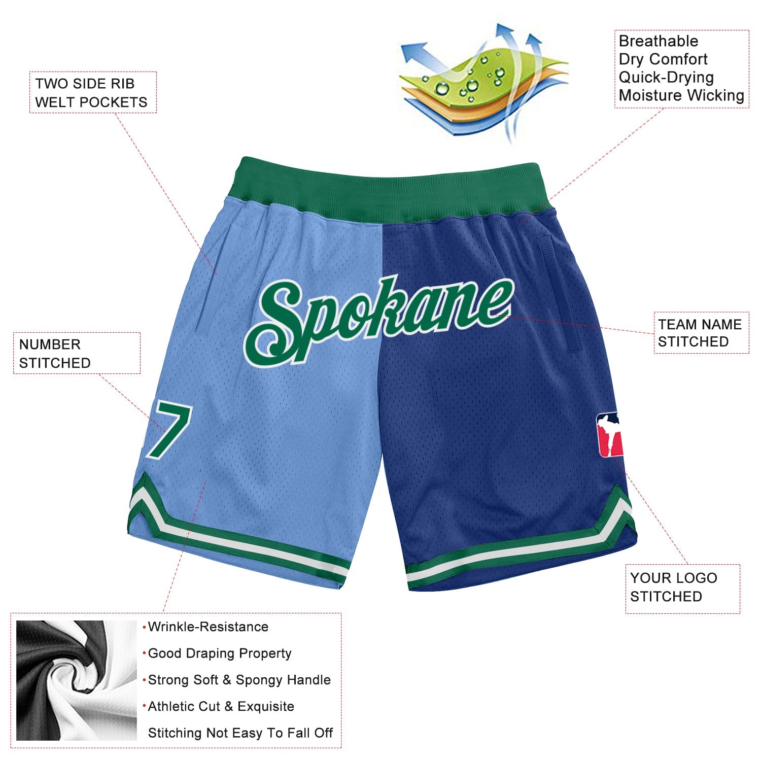 Custom Light Blue Kelly Green-Royal Authentic Throwback Split Fashion Basketball Shorts view 2