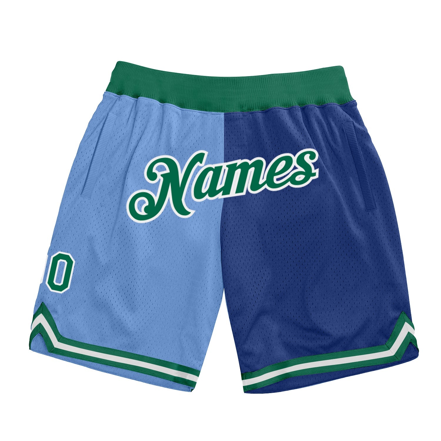 Custom Light Blue Kelly Green-Royal Authentic Throwback Split Fashion Basketball Shorts - Main View