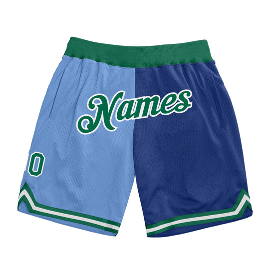 Custom Light Blue Kelly Green-Royal Authentic Throwback Split Fashion Basketball Shorts - Main View