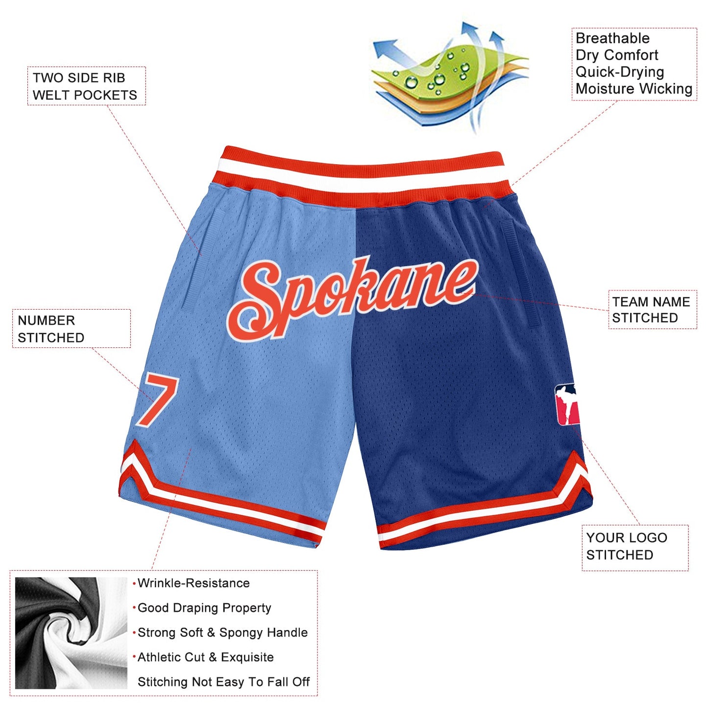 Custom Light Blue Orange-Royal Authentic Throwback Split Fashion Basketball Shorts view 2
