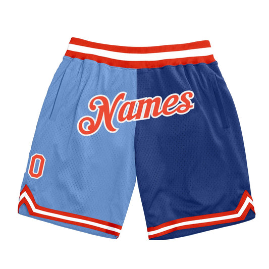 Custom Light Blue Orange-Royal Authentic Throwback Split Fashion Basketball Shorts - Main View