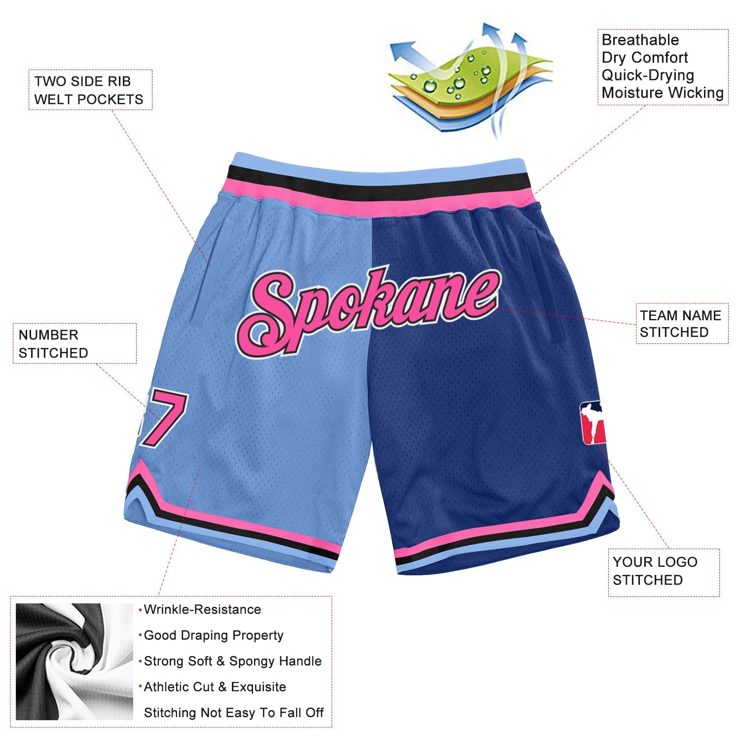 Custom Light Blue Pink-Royal Authentic Throwback Split Fashion Basketball Shorts view 2