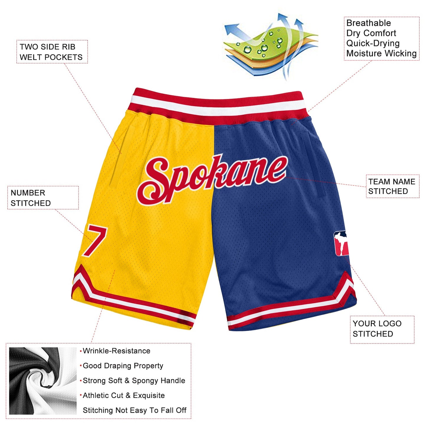 Custom Gold Red-Royal Authentic Throwback Split Fashion Basketball Shorts view 2