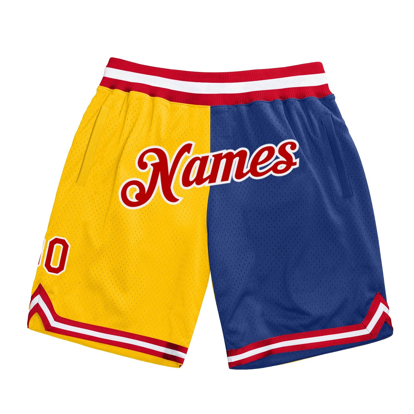 Custom Gold Red-Royal Authentic Throwback Split Fashion Basketball Shorts - Main View