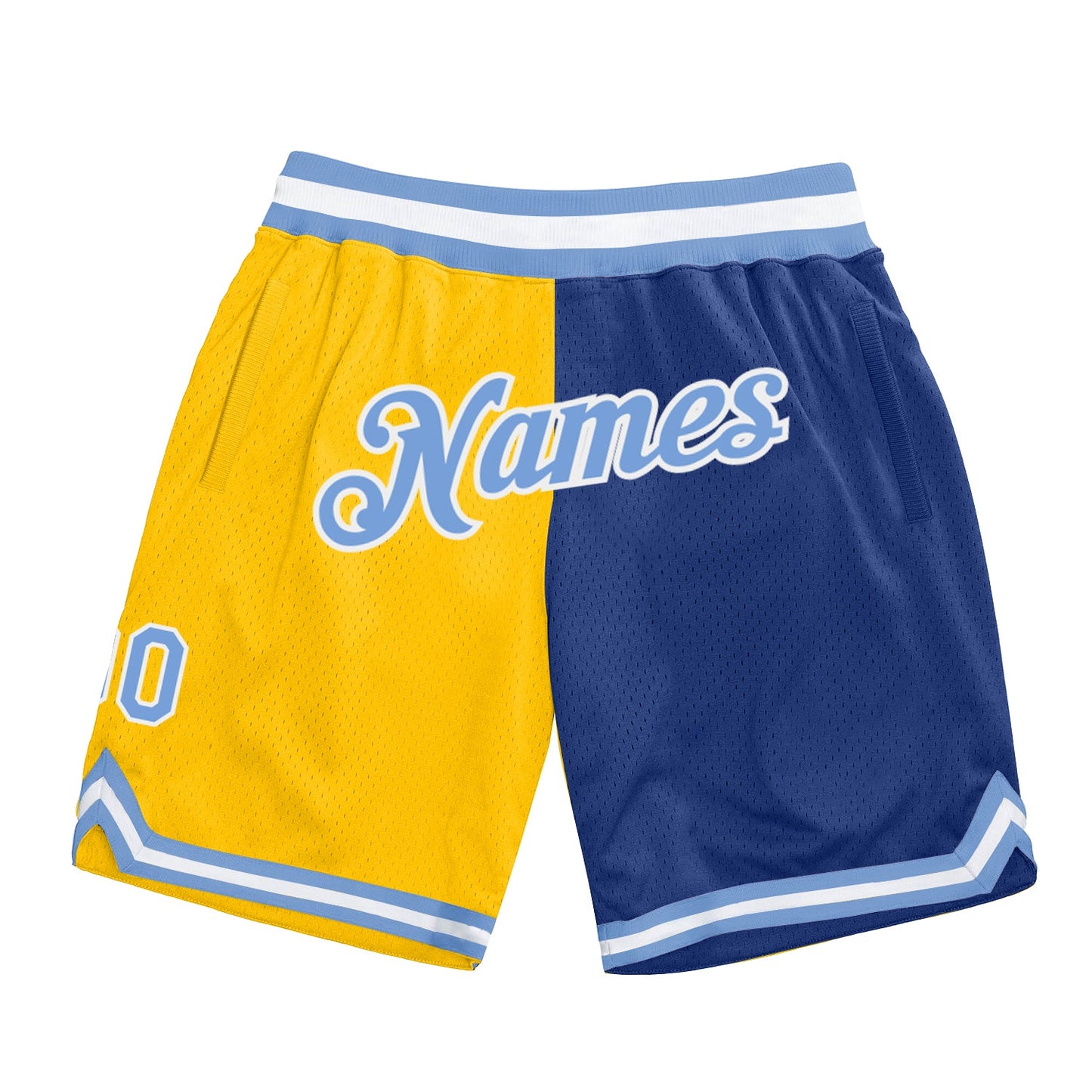 Custom Gold Light Blue-Royal Authentic Throwback Split Fashion Basketball Shorts - Main View