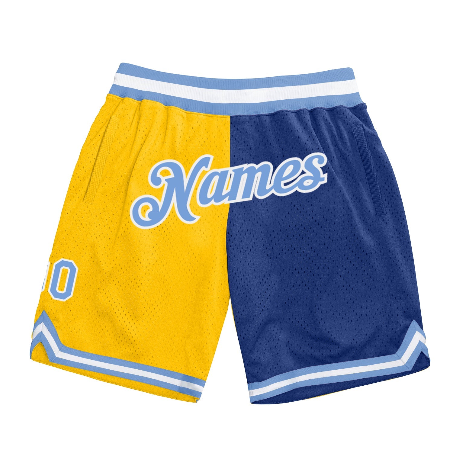 Custom Gold Light Blue-Royal Authentic Throwback Split Fashion Basketball Shorts - Main View