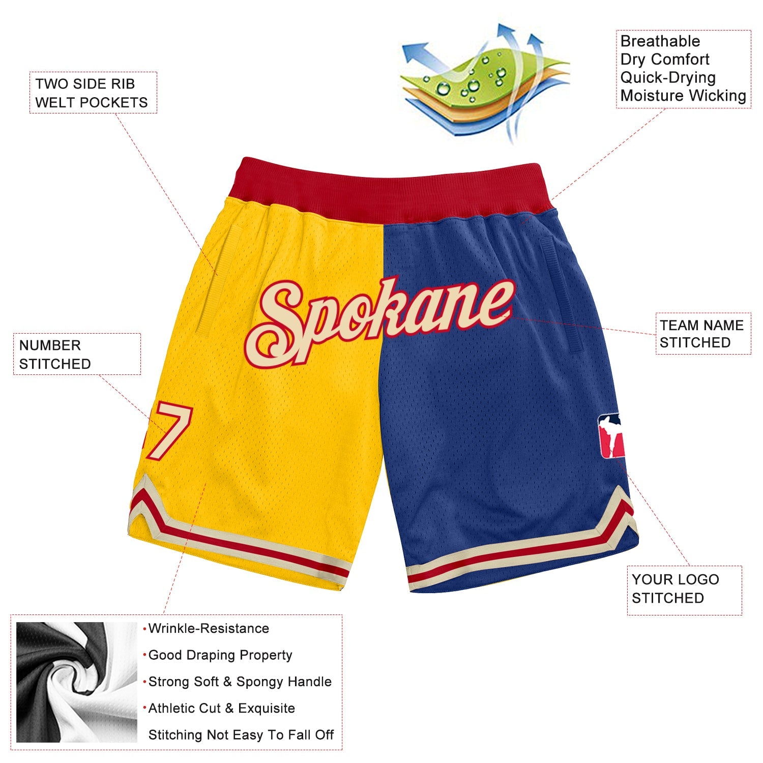 Custom Gold Cream-Royal Authentic Throwback Split Fashion Basketball Shorts view 2