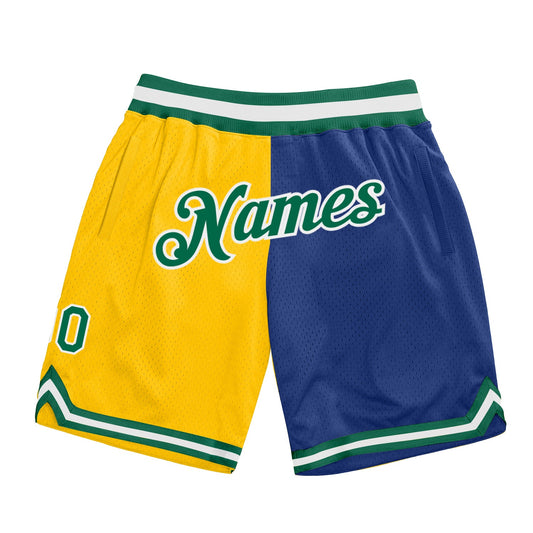 Custom Gold Kelly Green-Royal Authentic Throwback Split Fashion Basketball Shorts - Main View