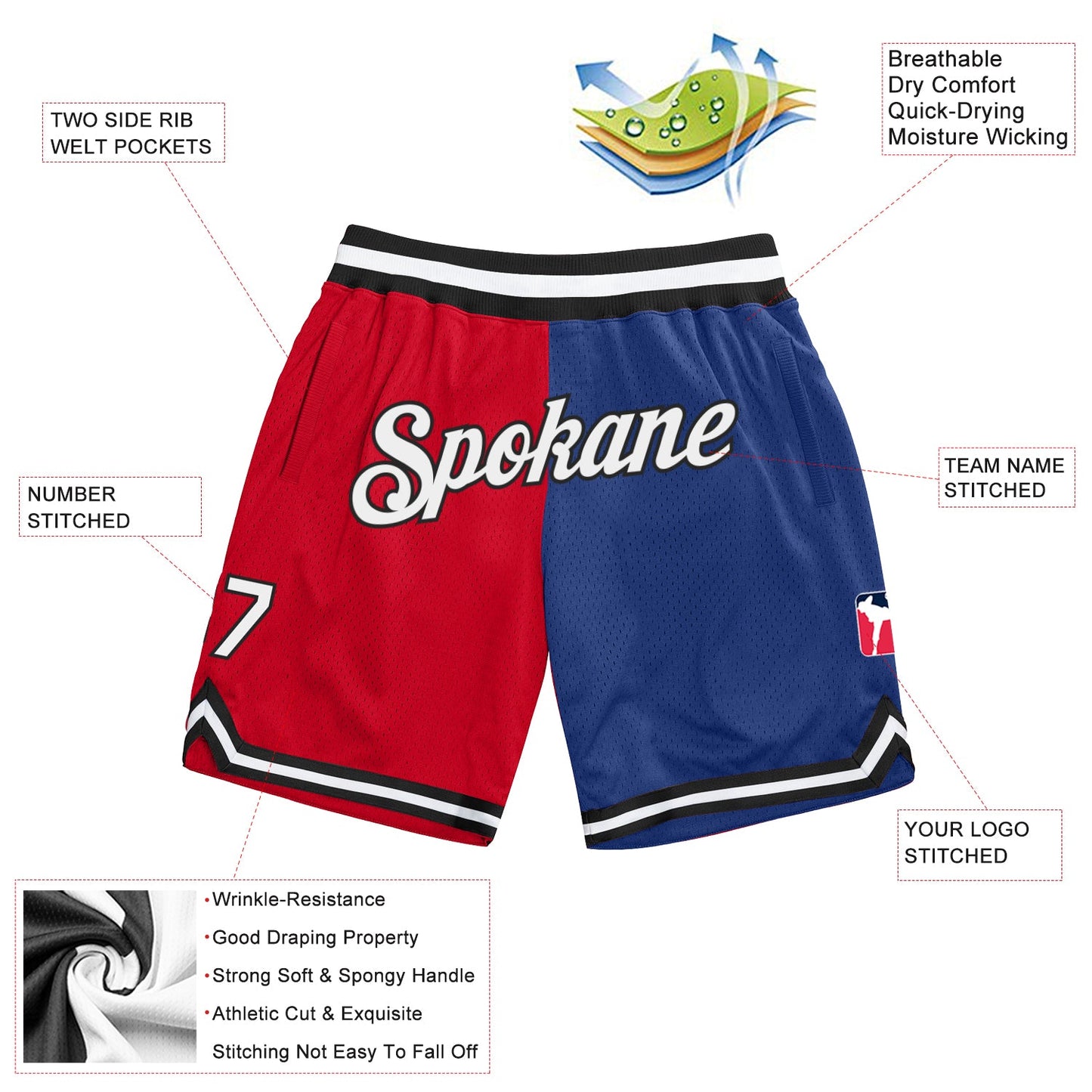 Custom Red White-Royal Authentic Throwback Split Fashion Basketball Shorts view 2