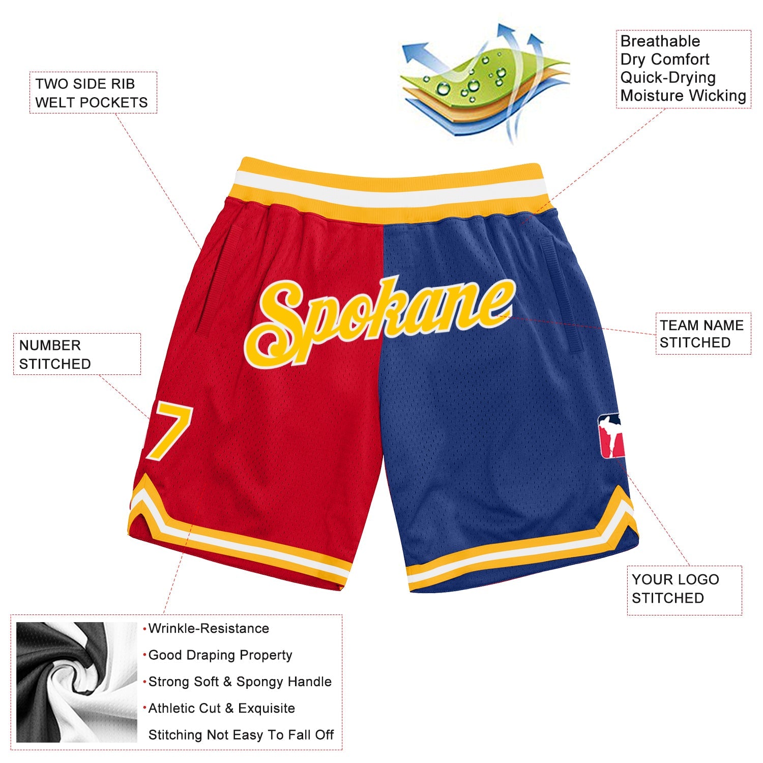 Custom Red Gold-Royal Authentic Throwback Split Fashion Basketball Shorts view 2