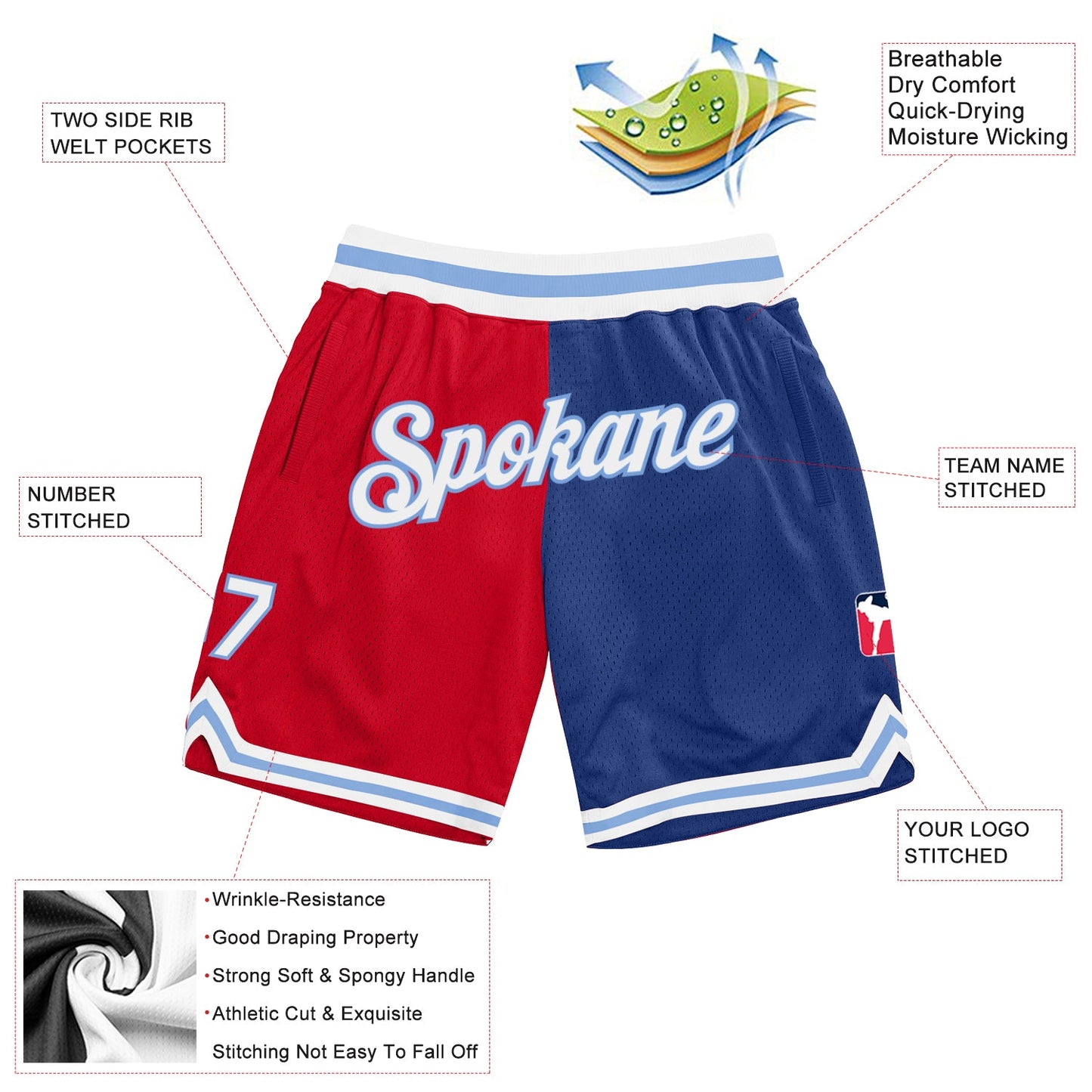 Custom Red White-Royal Authentic Throwback Split Fashion Basketball Shorts view 2