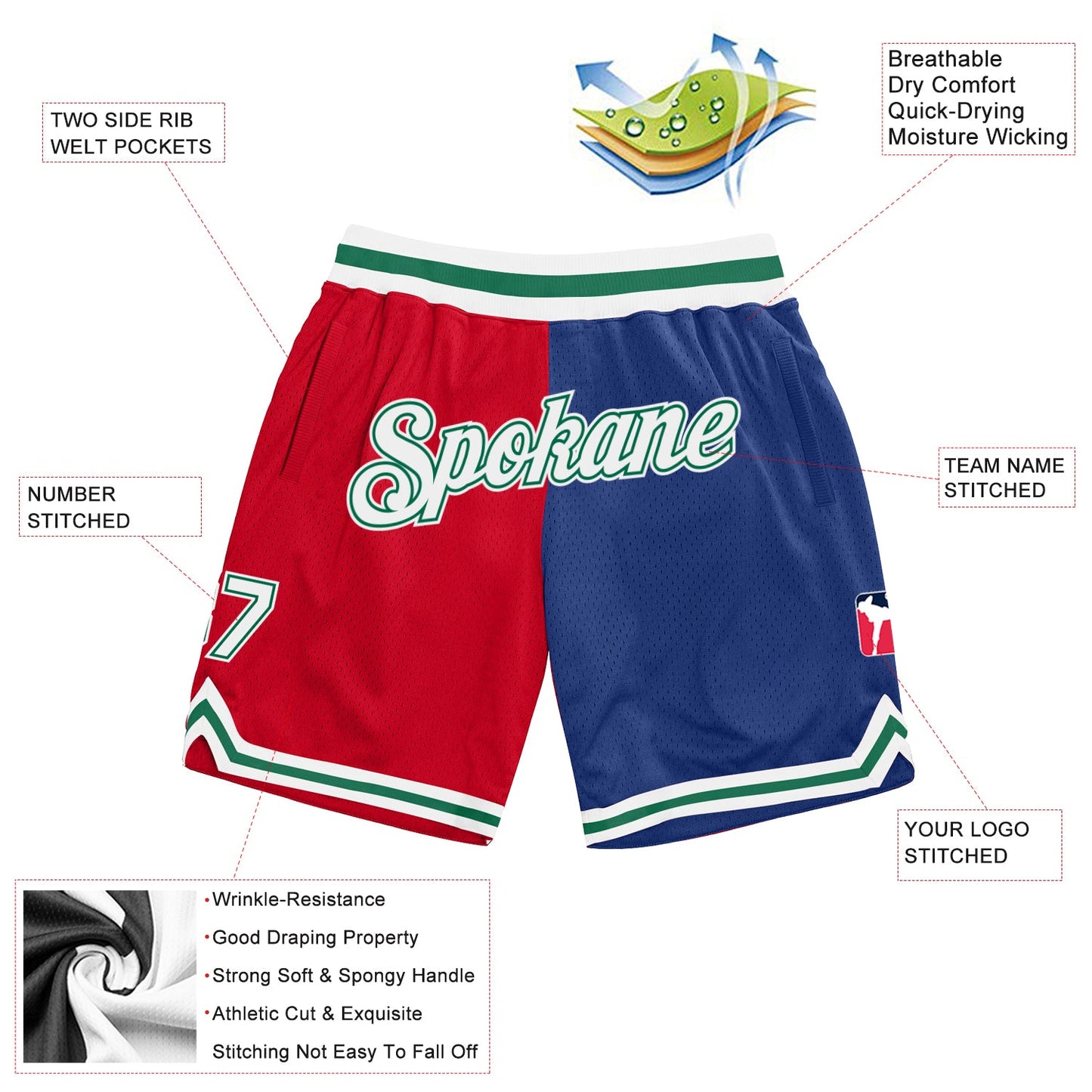 Custom Red White-Royal Authentic Throwback Split Fashion Basketball Shorts view 2