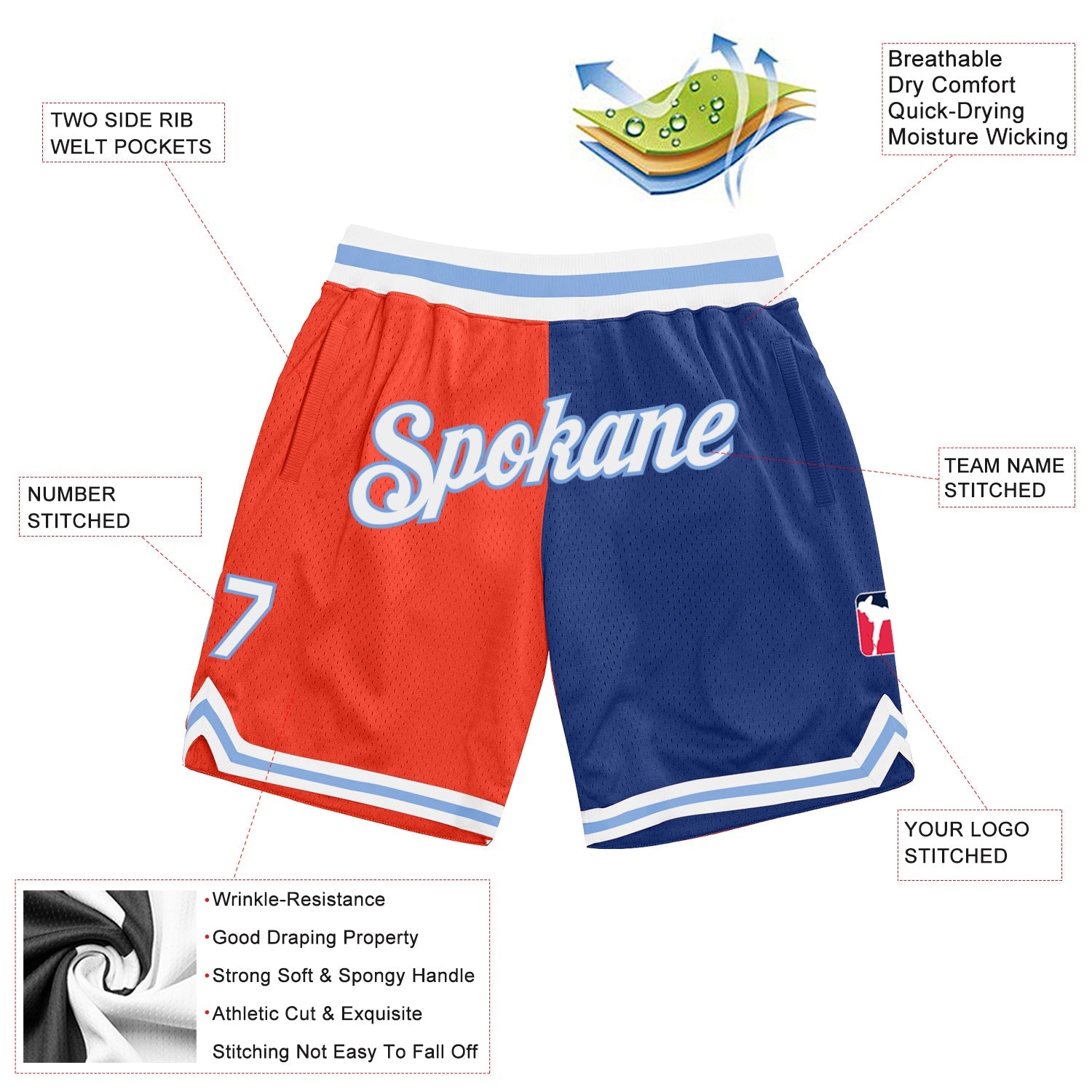 Custom Orange White-Royal Authentic Throwback Split Fashion Basketball Shorts view 2