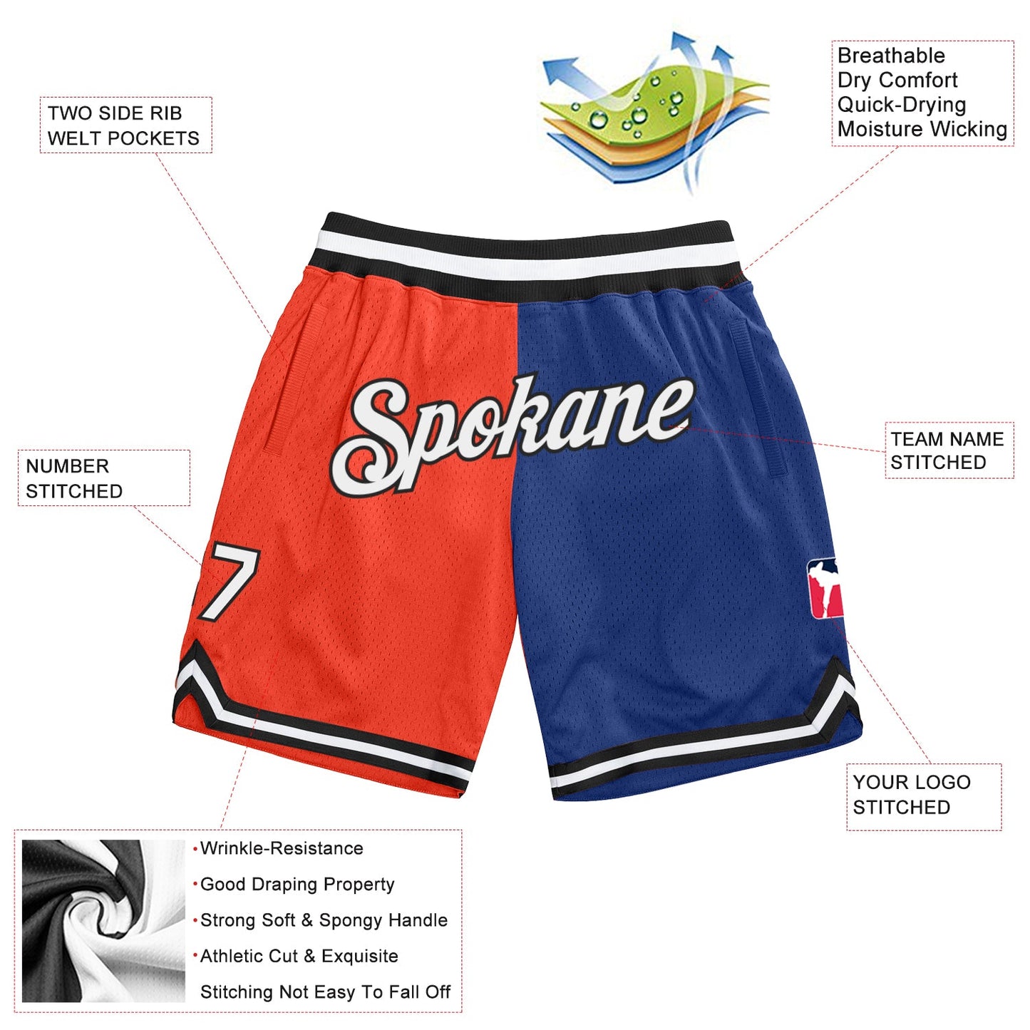 Custom Orange White-Royal Authentic Throwback Split Fashion Basketball Shorts view 2
