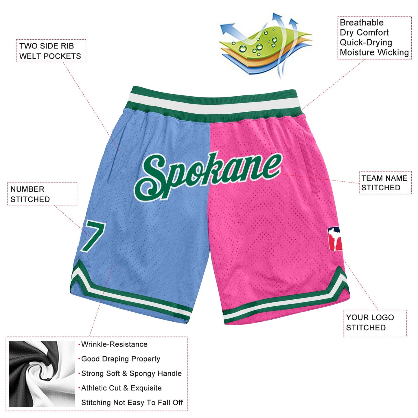 Custom Light Blue Kelly Green-Pink Authentic Throwback Split Fashion Basketball Shorts view 2