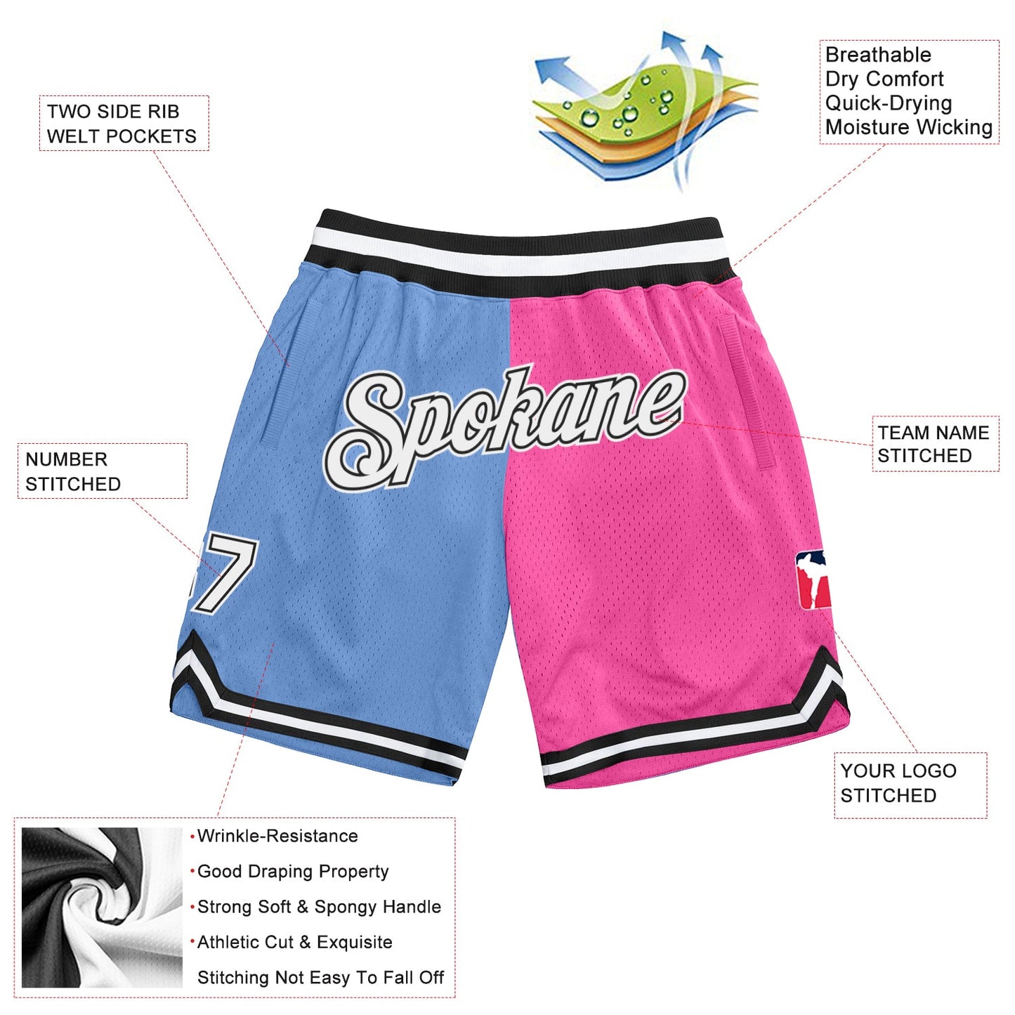 Custom Light Blue White-Pink Authentic Throwback Split Fashion Basketball Shorts view 2