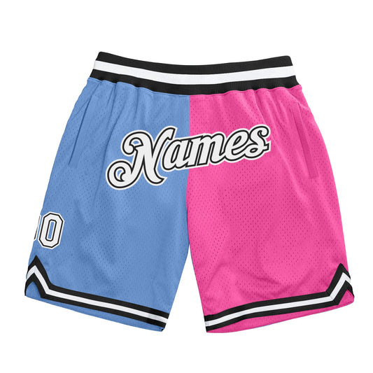 Custom Light Blue White-Pink Authentic Throwback Split Fashion Basketball Shorts - Main View