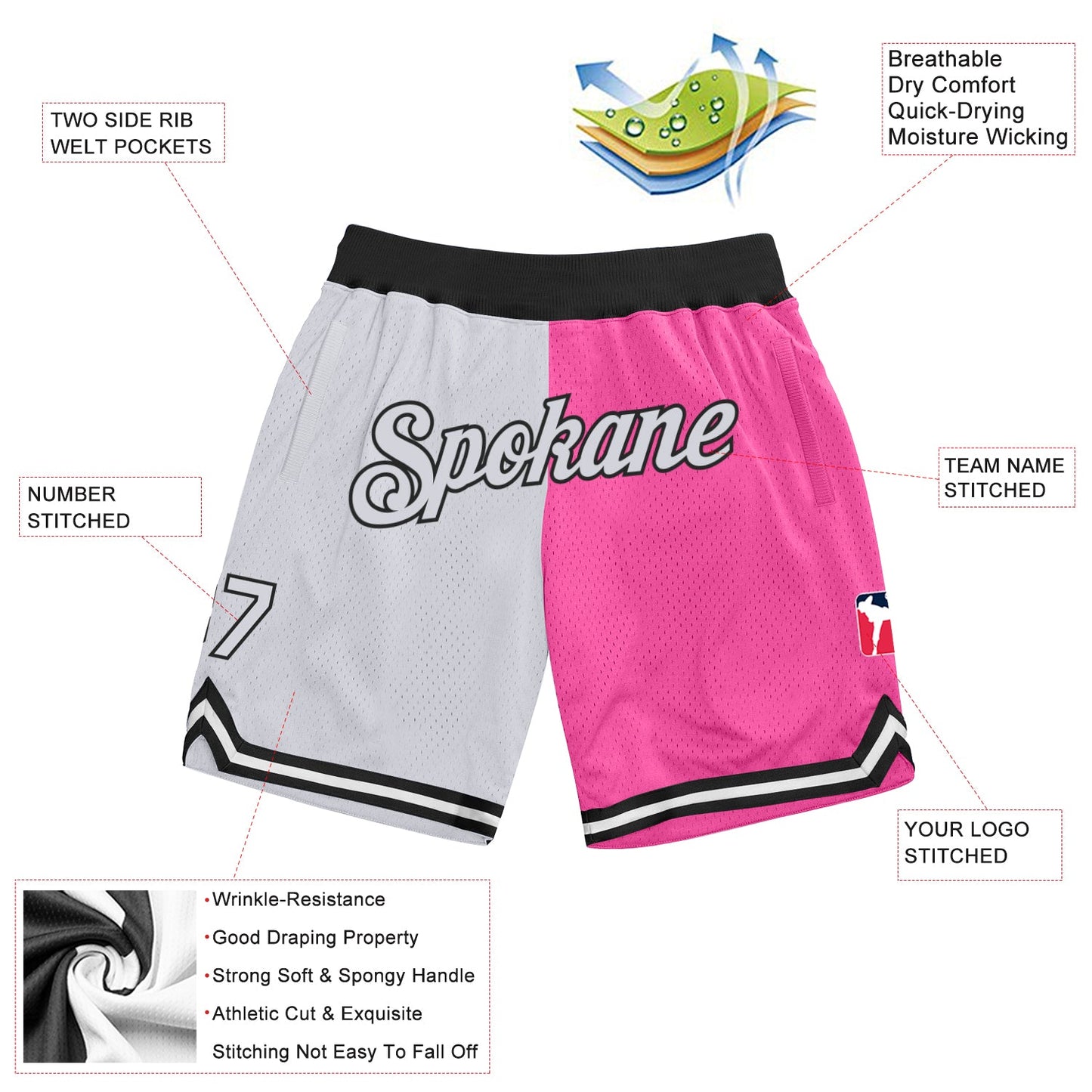 Custom Pink White-Black Authentic Throwback Split Fashion Basketball Shorts view 2
