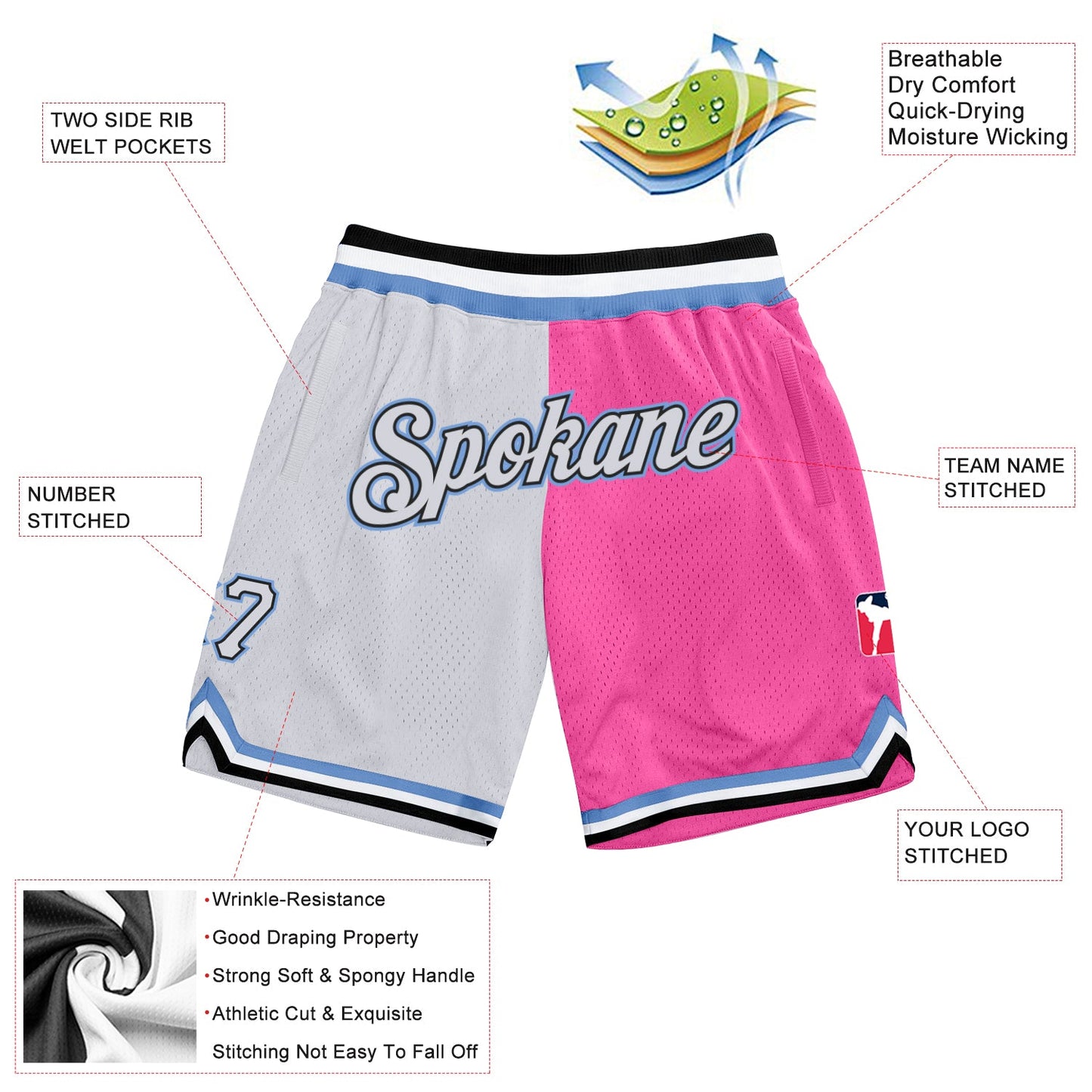 Custom Pink White-Light Blue Authentic Throwback Split Fashion Basketball Shorts view 2
