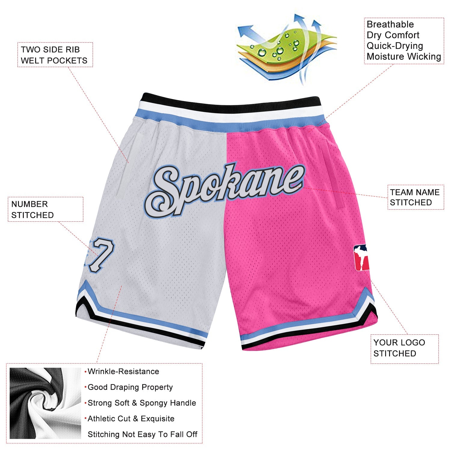 Custom Pink White-Light Blue Authentic Throwback Split Fashion Basketball Shorts view 2