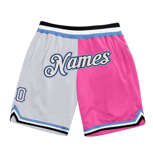 Custom Pink White-Light Blue Authentic Throwback Split Fashion Basketball Shorts - Main View