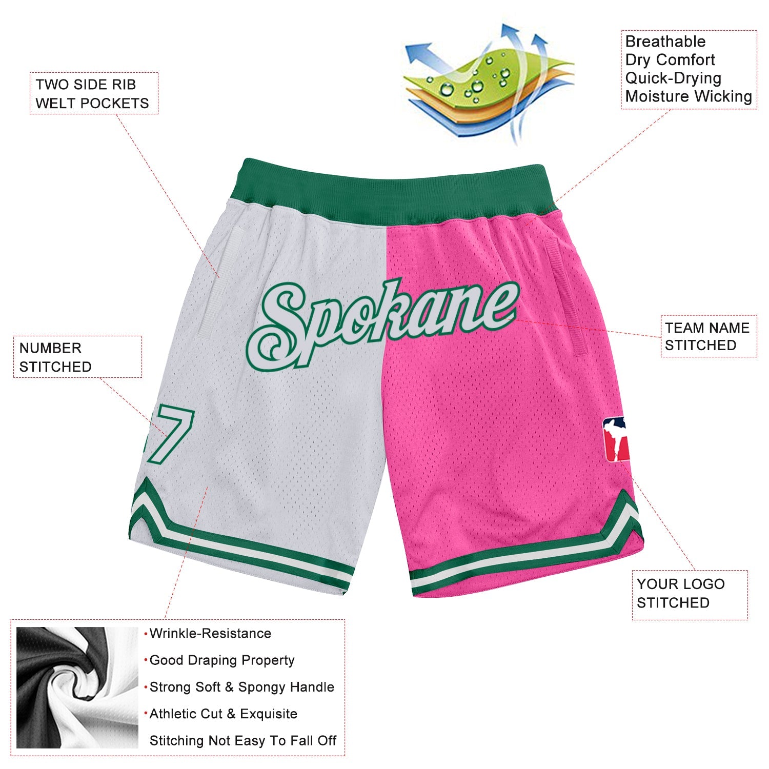 Custom Pink White-Kelly Green Authentic Throwback Split Fashion Basketball Shorts view 2